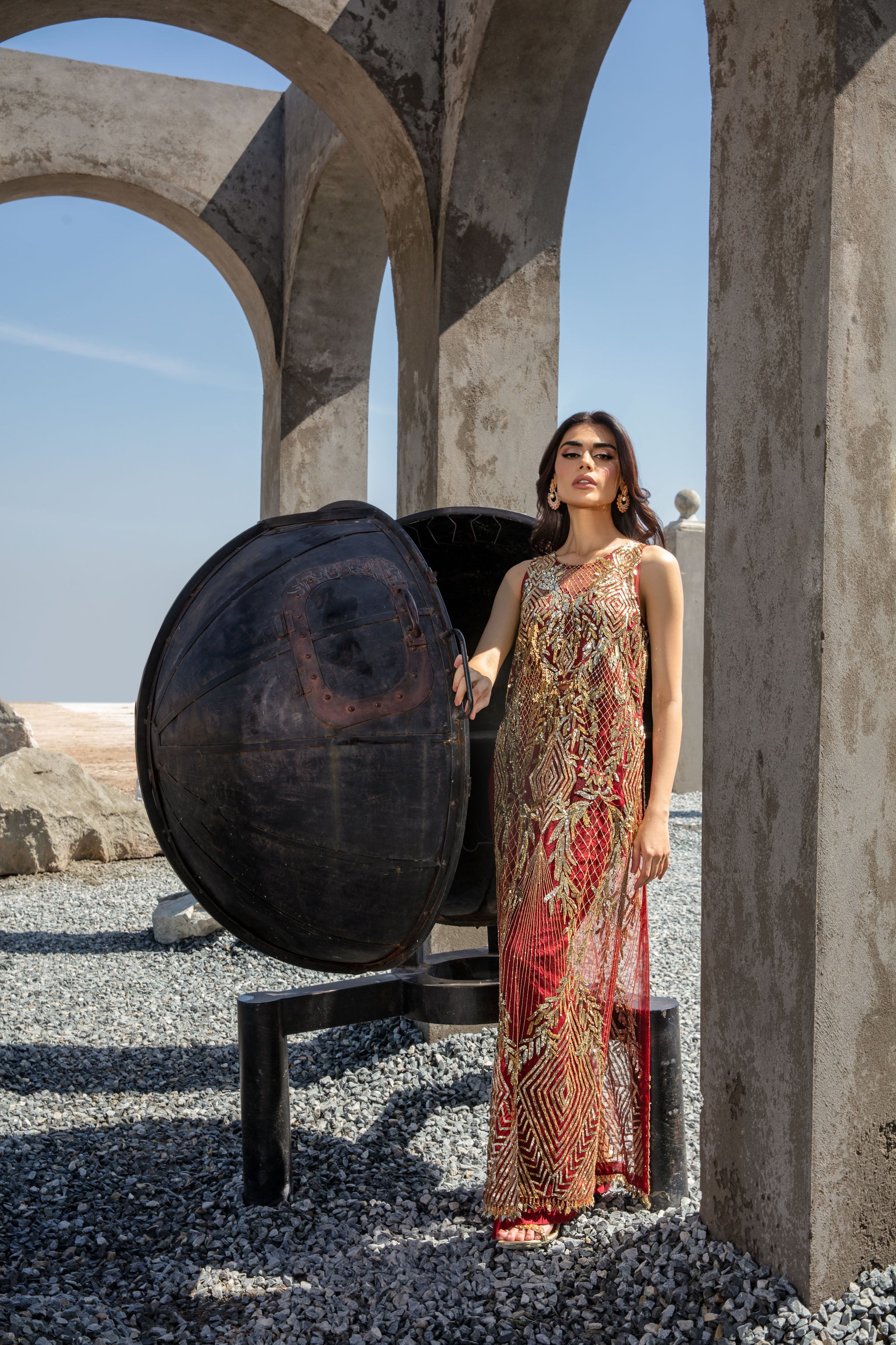 Maroon Gold Embroidered Chiffon Salwar Kameez (2-Piece) - Image 9