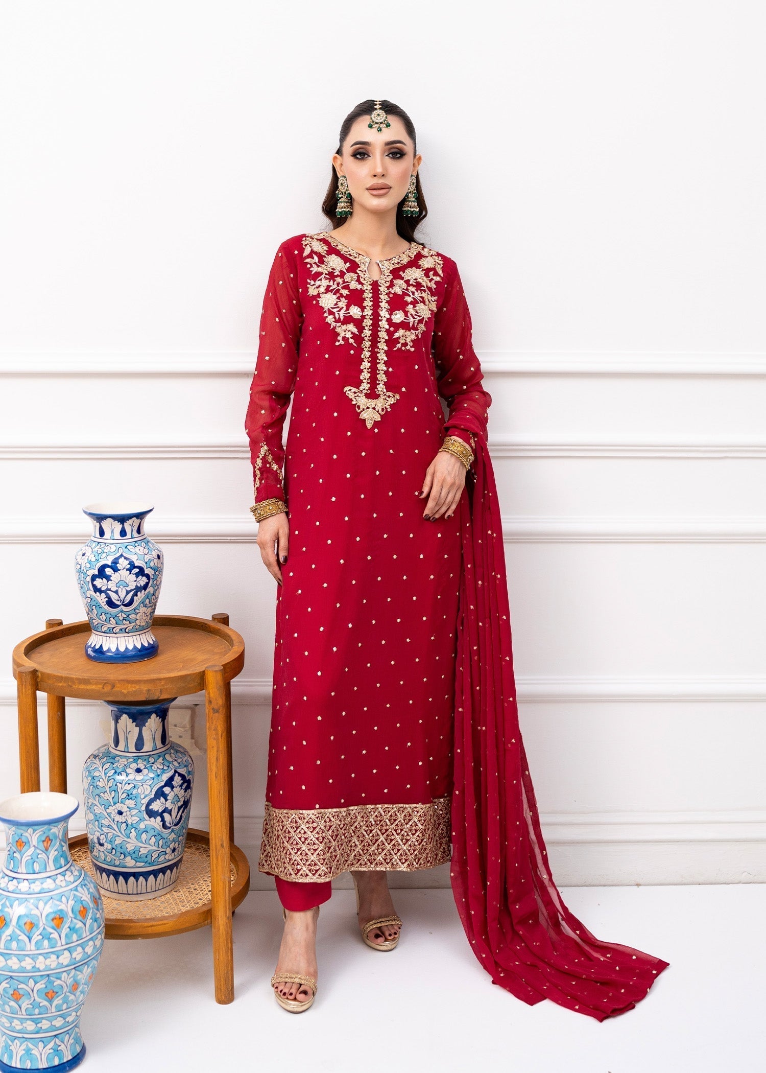 Pakistani Maroon Embroidered Chiffon Kurta Set (3-Piece) - Image 1