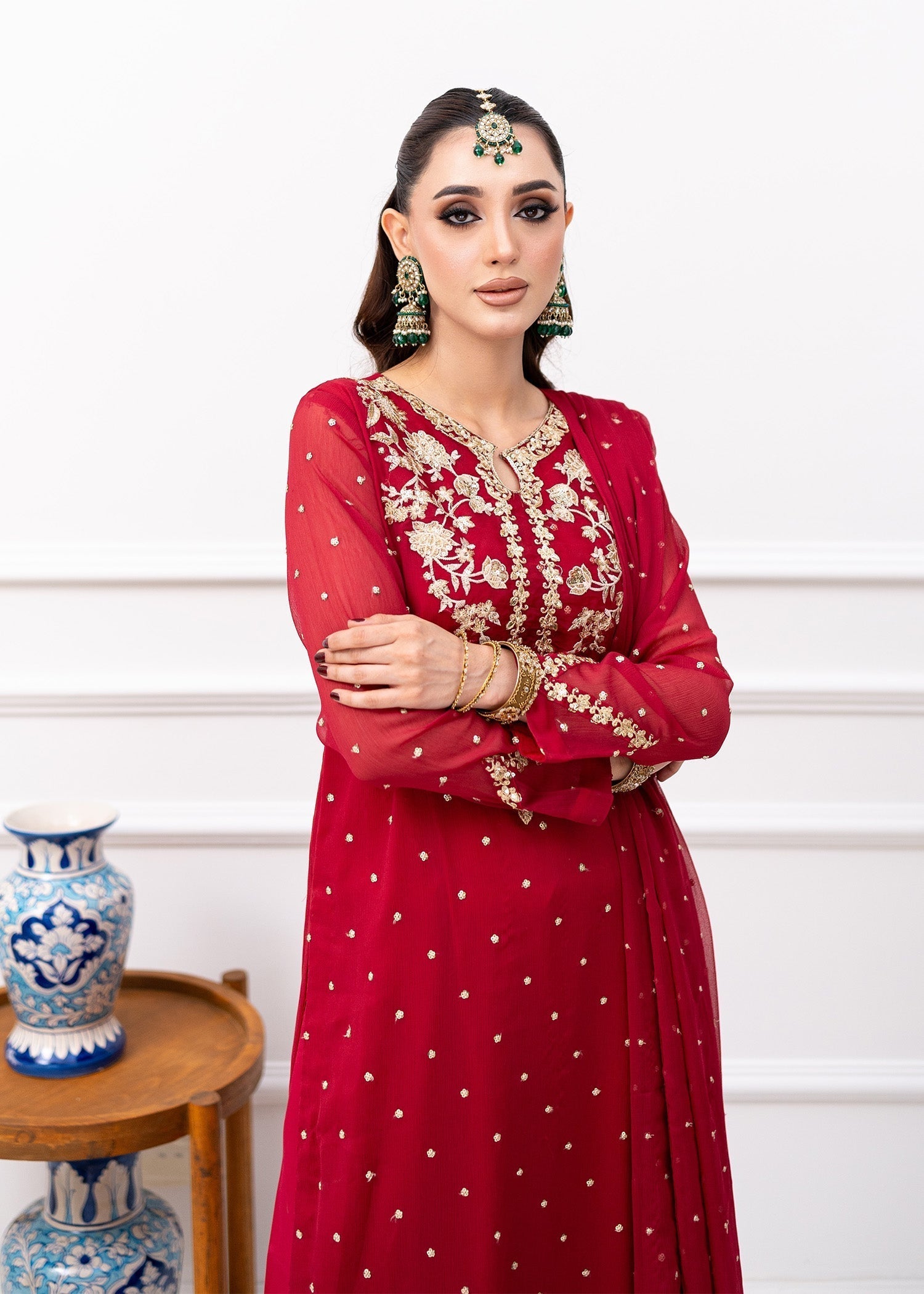 Pakistani Maroon Embroidered Chiffon Kurta Set (3-Piece) - Image 2