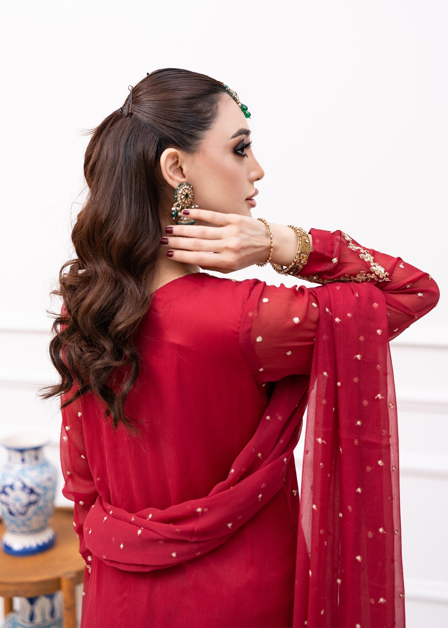 Pakistani Maroon Embroidered Chiffon Kurta Set (3-Piece) - Image 5