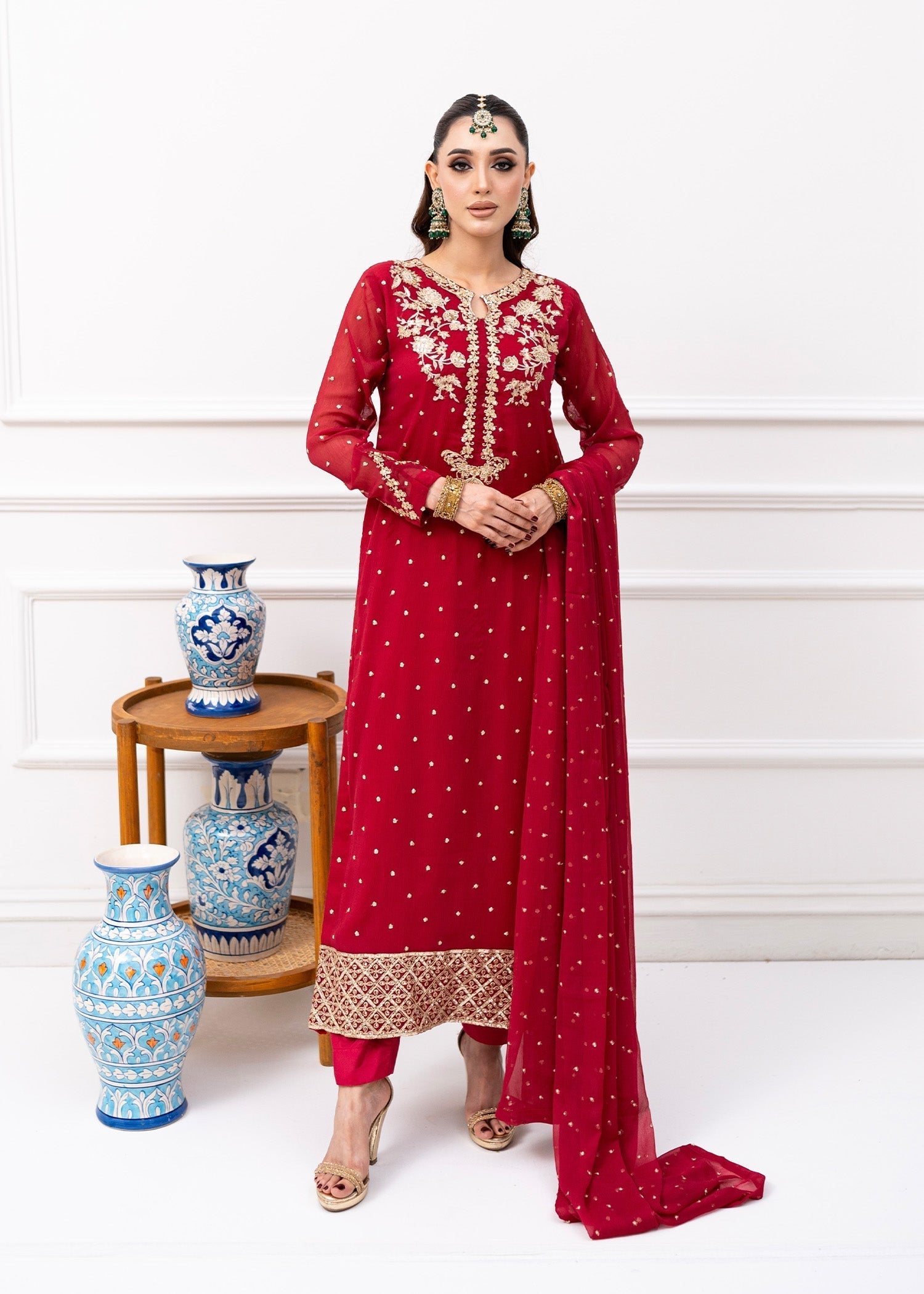 Pakistani Maroon Embroidered Chiffon Kurta Set (3-Piece) - Image 6