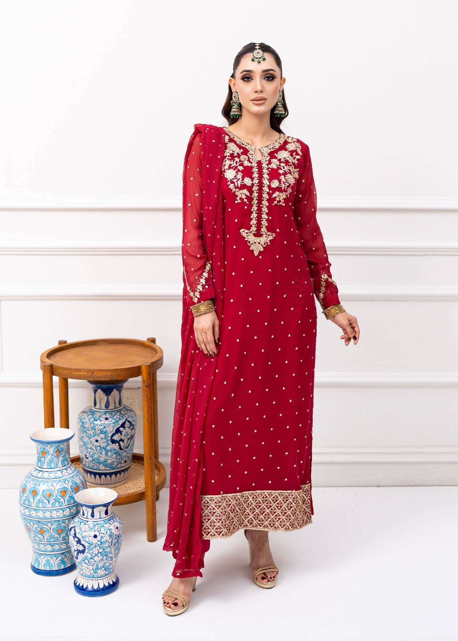 Pakistani Maroon Embroidered Chiffon Kurta Set (3-Piece) - Image 7