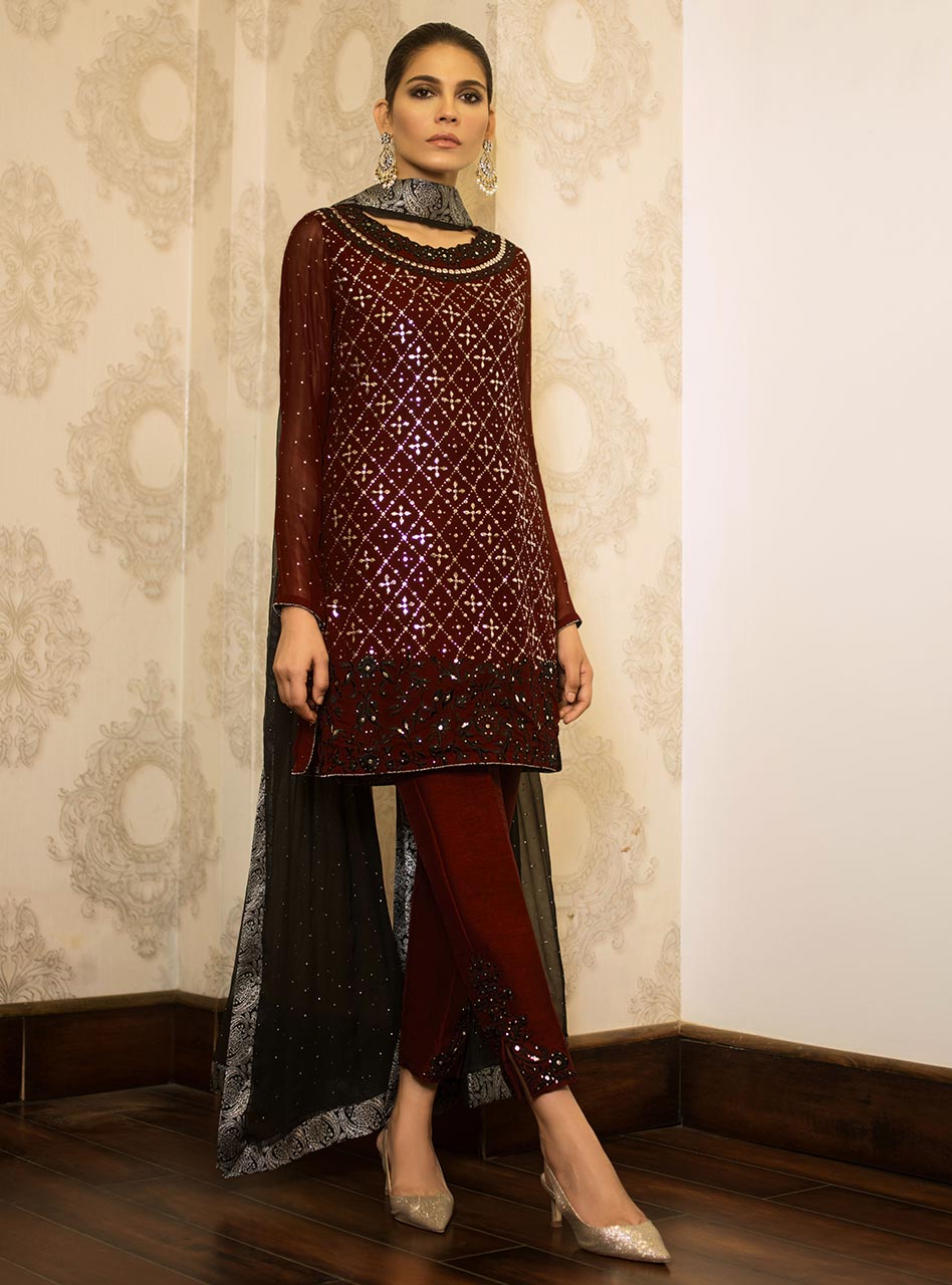 Maroon Mukaish Chiffon Salwar Kameez (3-Piece) - Image 1