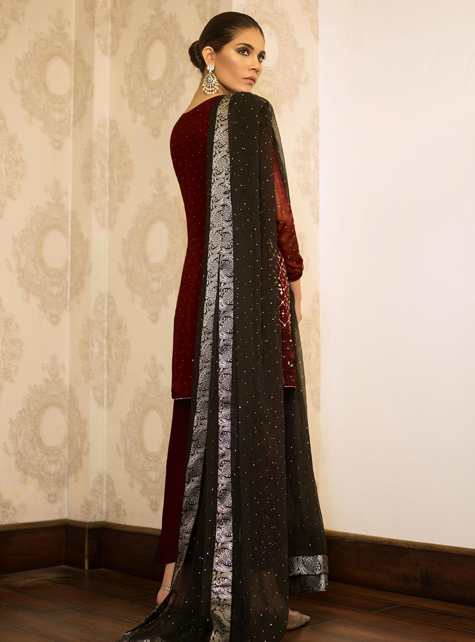 Maroon Mukaish Chiffon Salwar Kameez (3-Piece) - Image 3