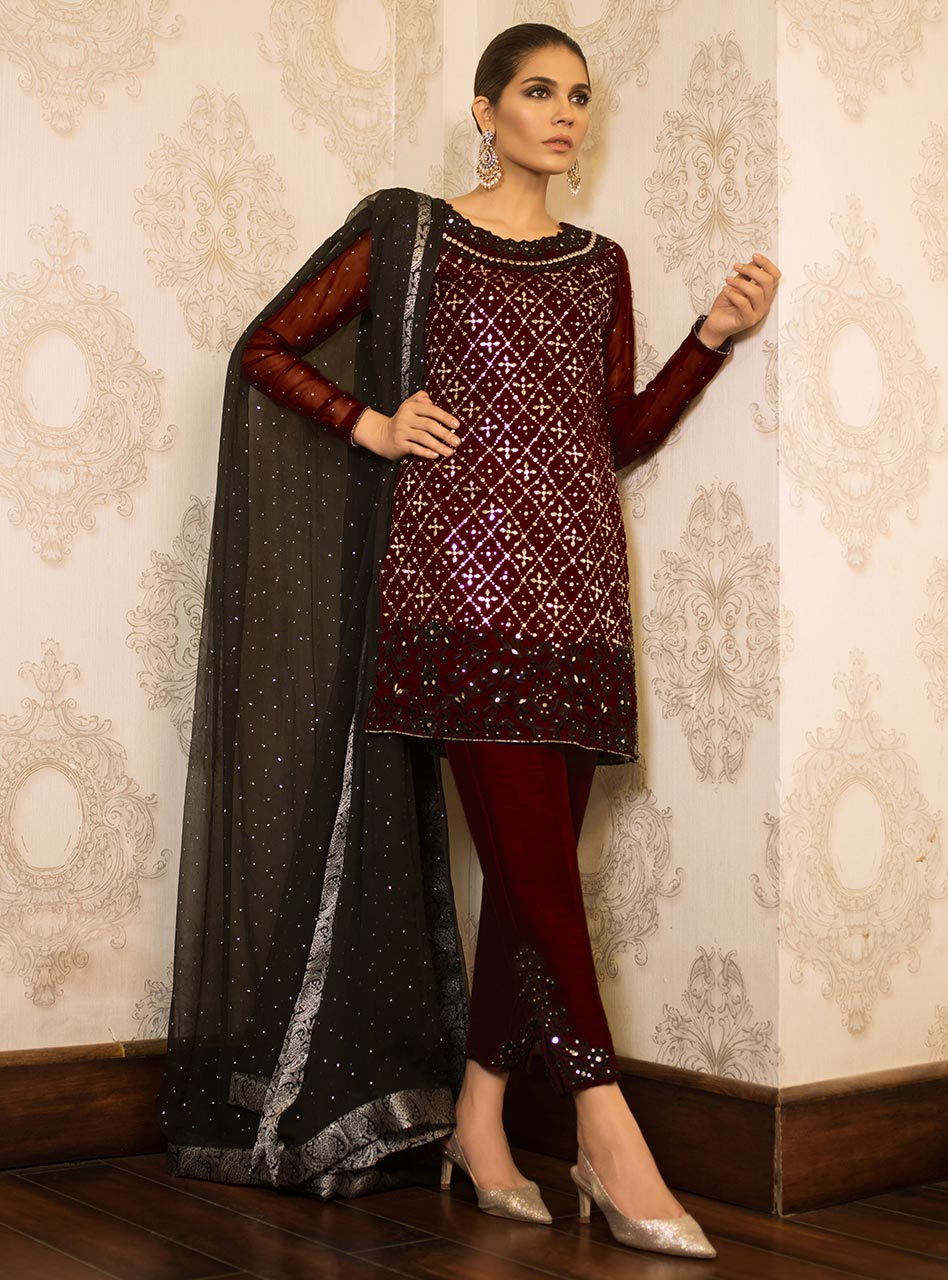 Pakistani Maroon Mukaish Chiffon Salwar Kameez (3-Piece) - Image 4
