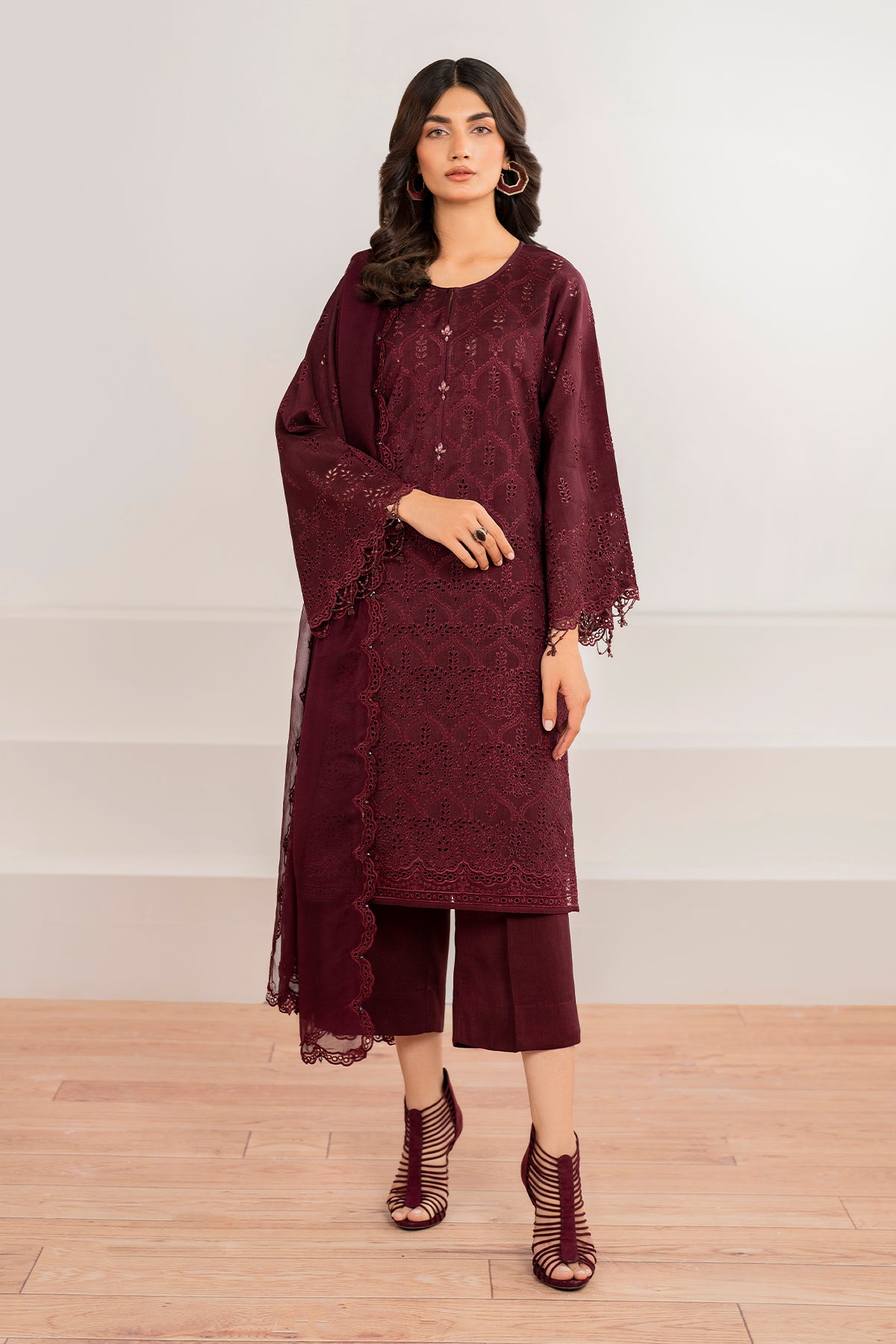 Deep Maroon Schiffli Embroidered Chiffon Suit (3-Piece) - Image 1