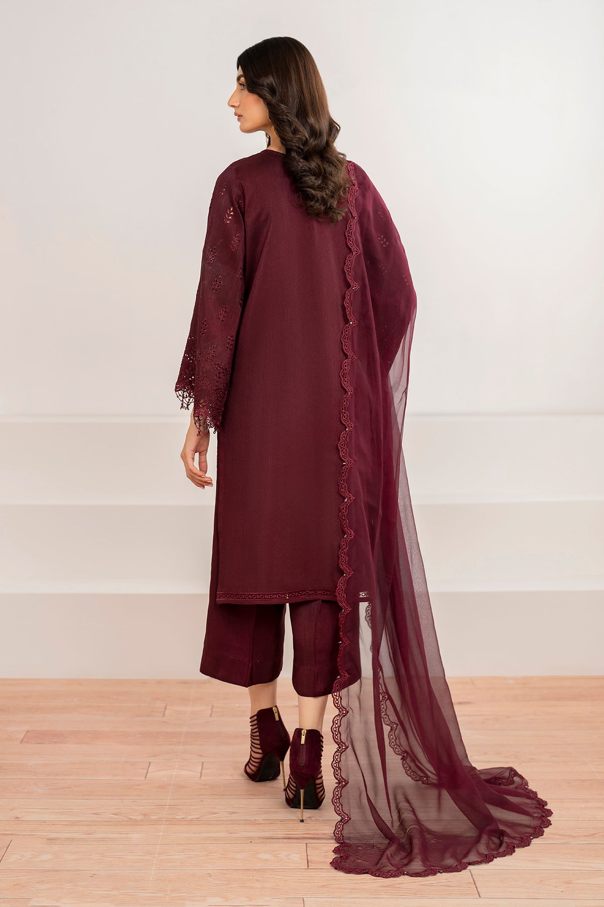 Deep Maroon Schiffli Embroidered Chiffon Suit (3-Piece) - Image 2