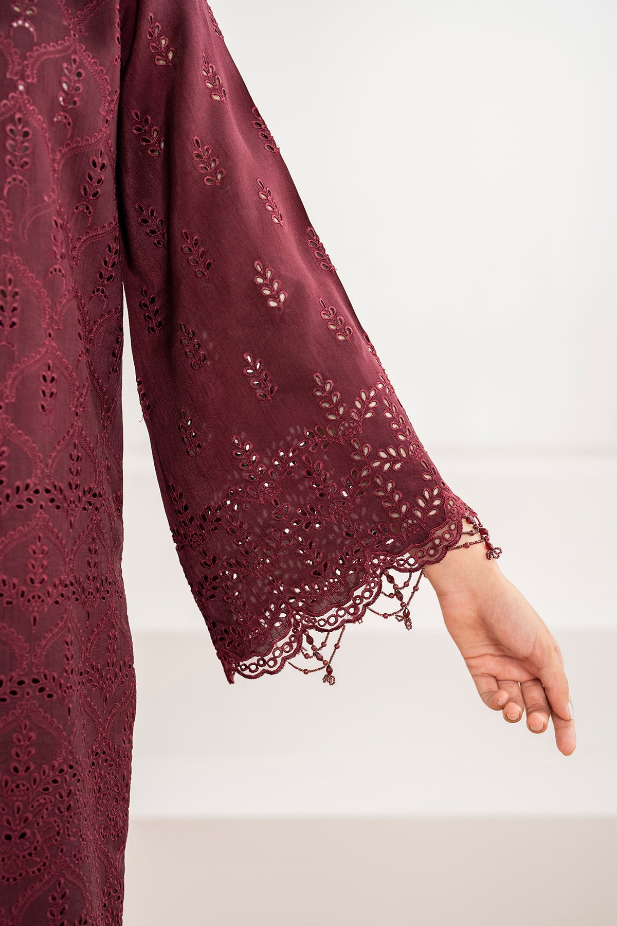 Deep Maroon Schiffli Embroidered Chiffon Suit (3-Piece) - Image 3