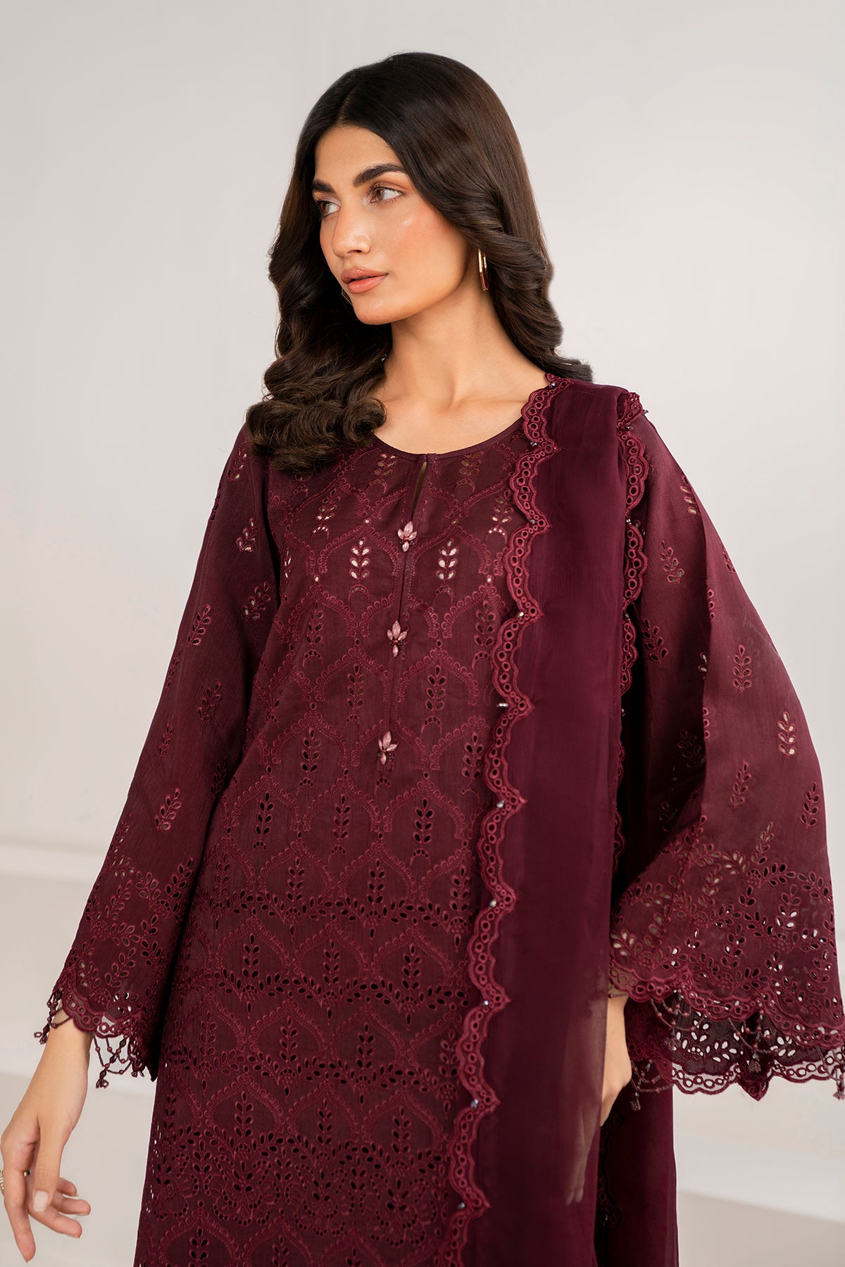 Deep Maroon Schiffli Embroidered Chiffon Suit (3-Piece) - Image 4