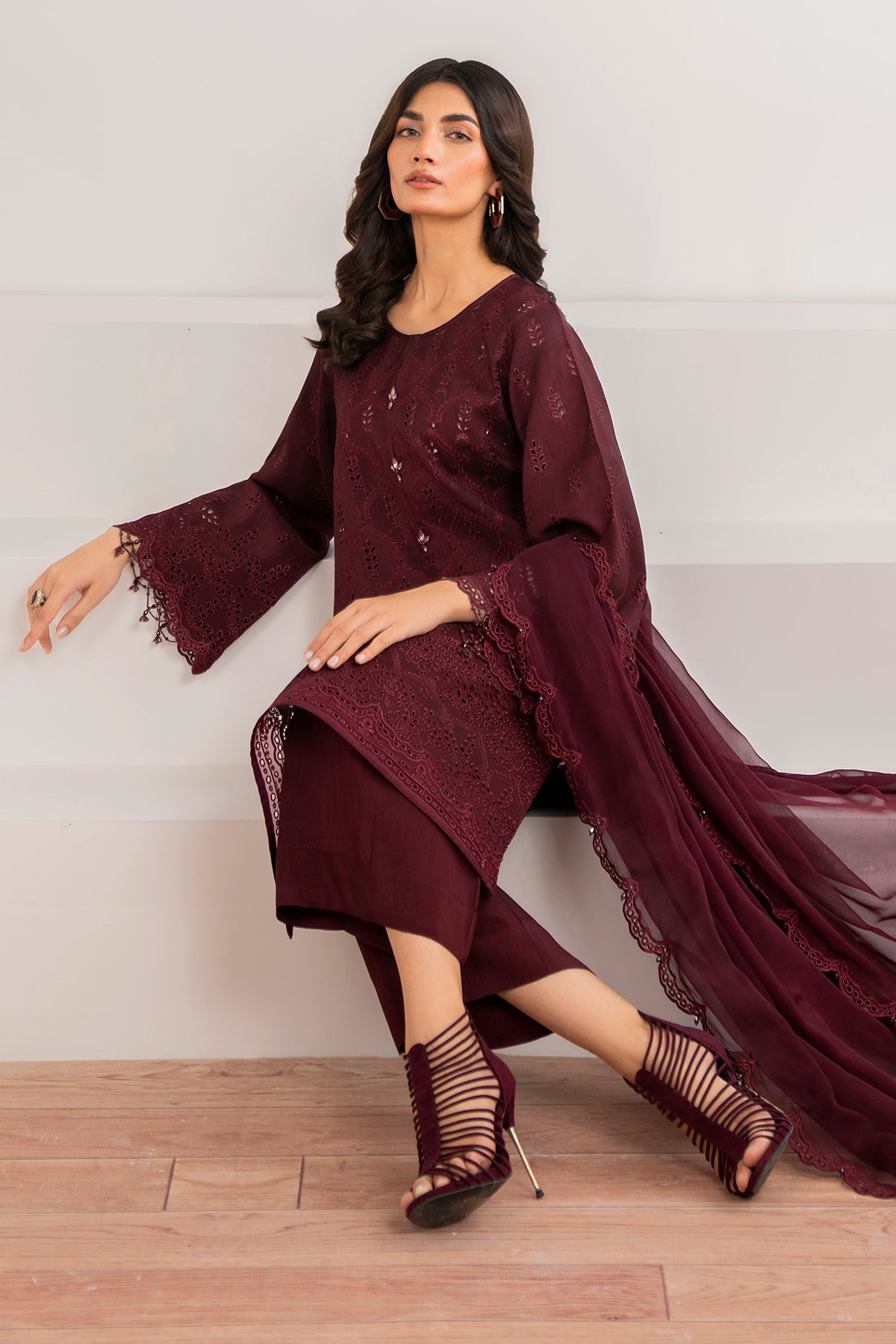 Deep Maroon Schiffli Embroidered Chiffon Suit (3-Piece) - Image 5