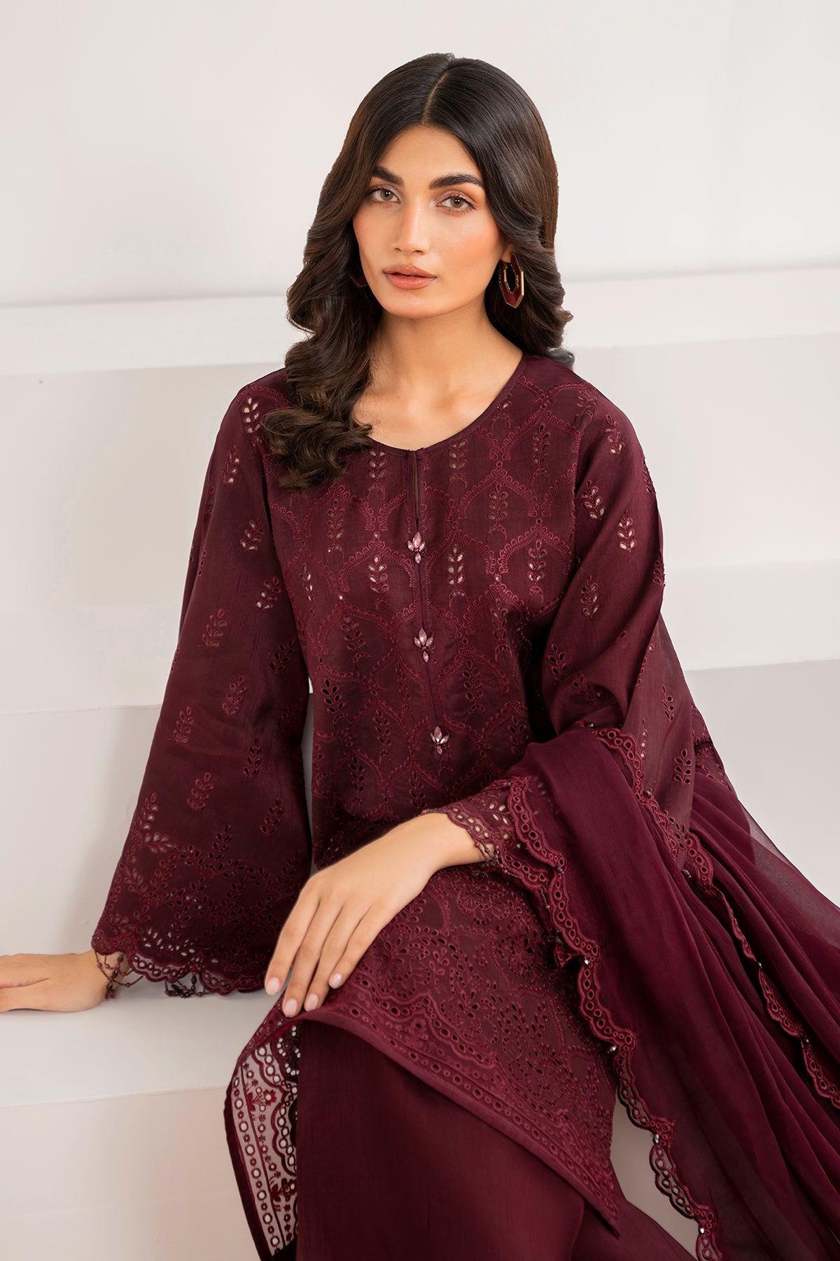 Deep Maroon Schiffli Embroidered Chiffon Suit (3-Piece) - Image 6