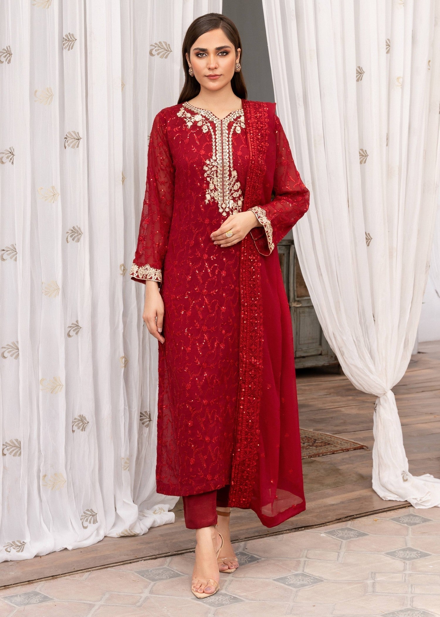 Maroon Sequin Embroidered Chiffon Kurta Set (3-Piece) - Image 1