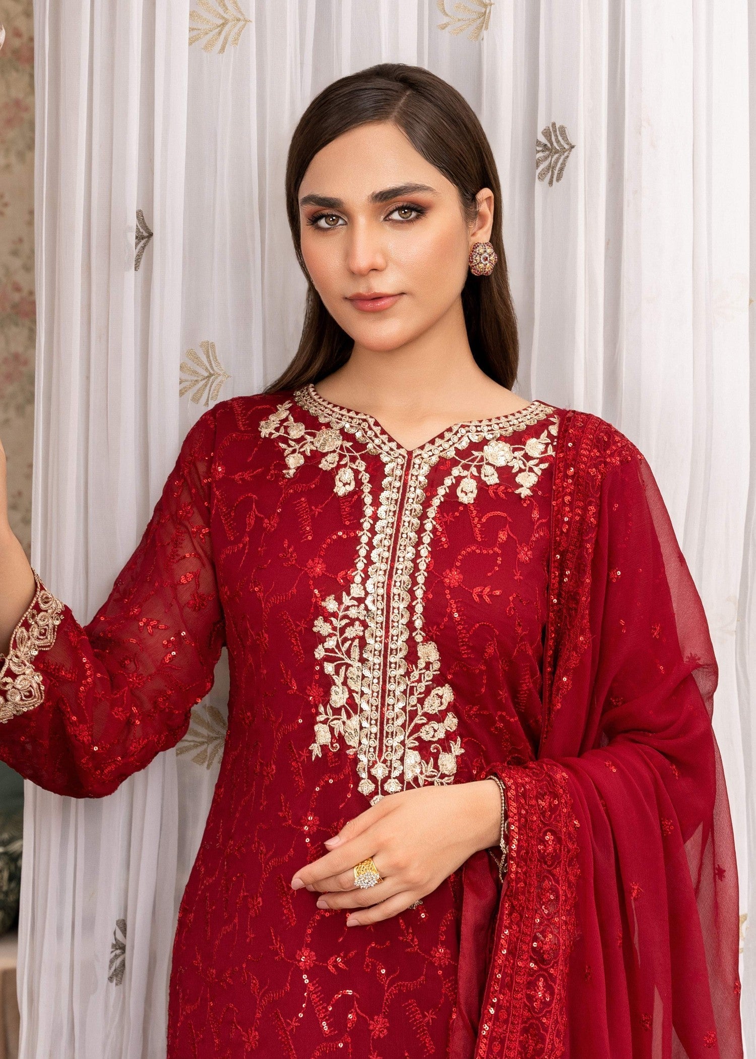 Maroon Sequin Embroidered Chiffon Kurta Set (3-Piece) - Image 2