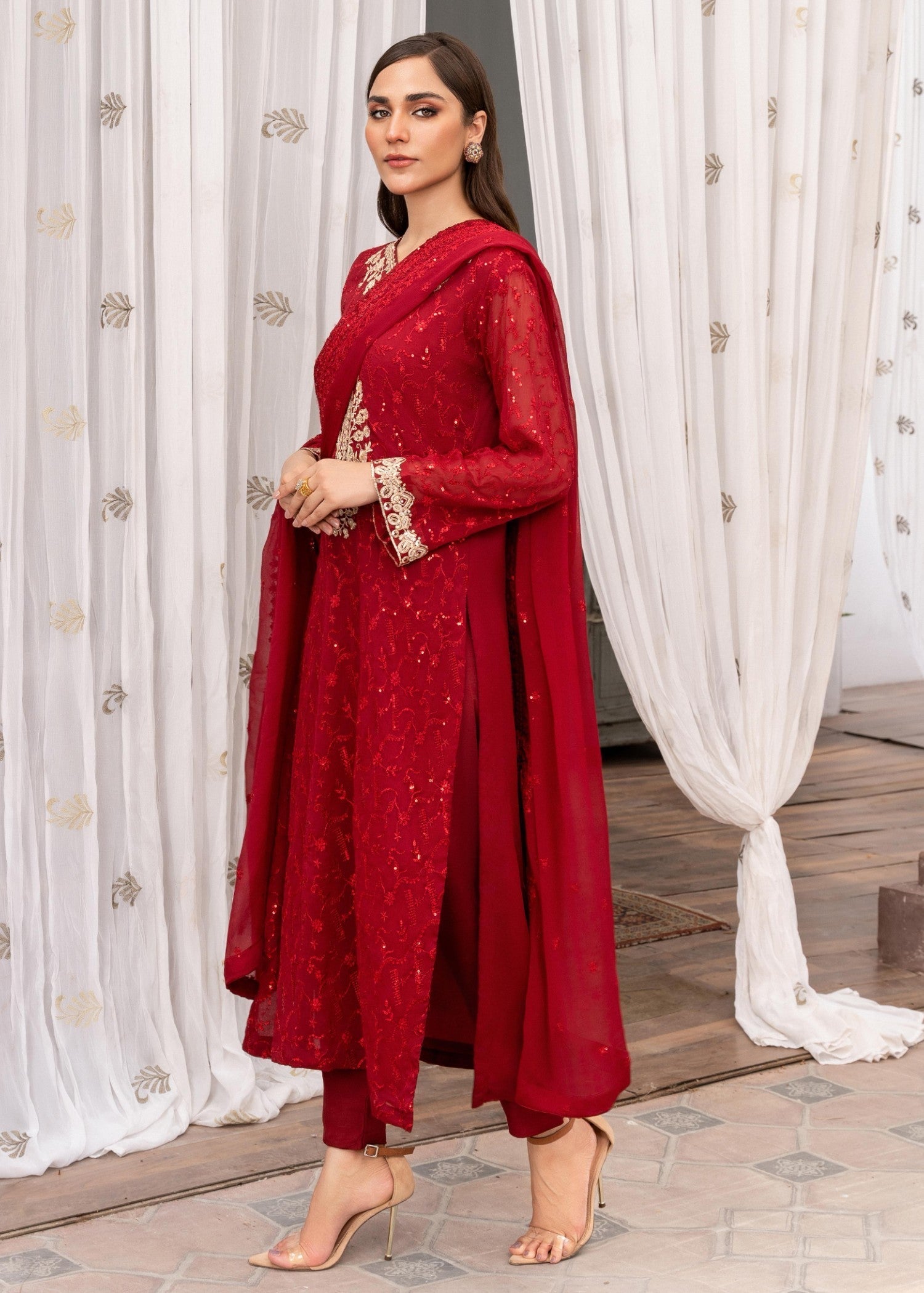 Maroon Sequin Embroidered Chiffon Kurta Set (3-Piece) - Image 3