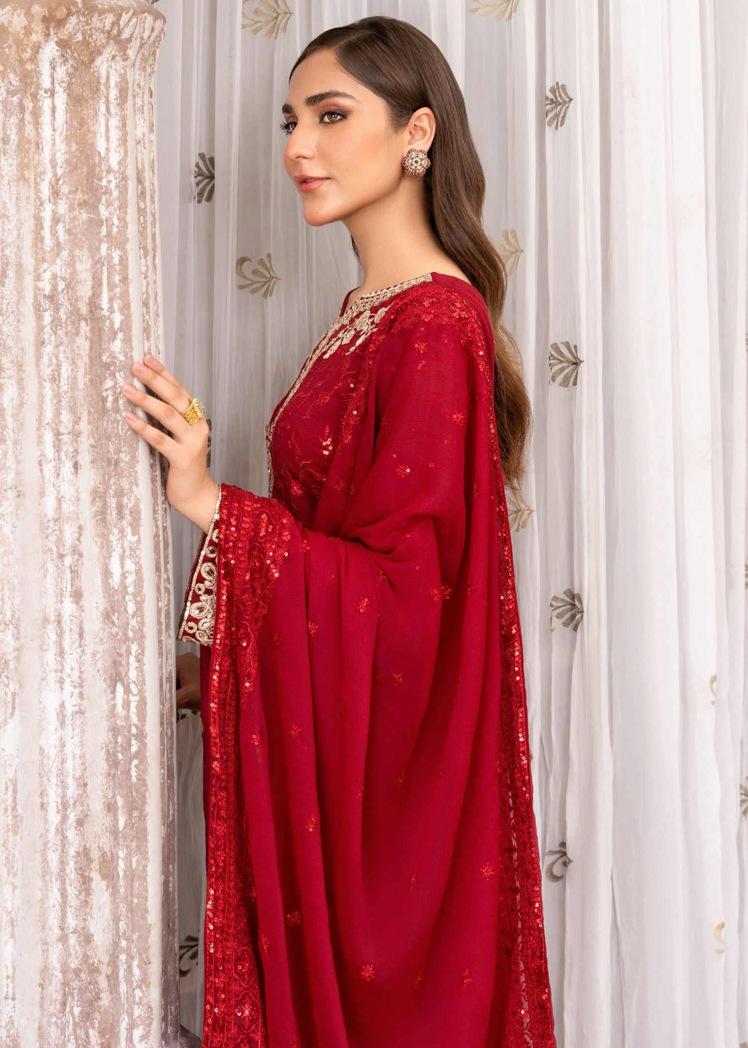 Maroon Sequin Embroidered Chiffon Kurta Set (3-Piece) - Image 5