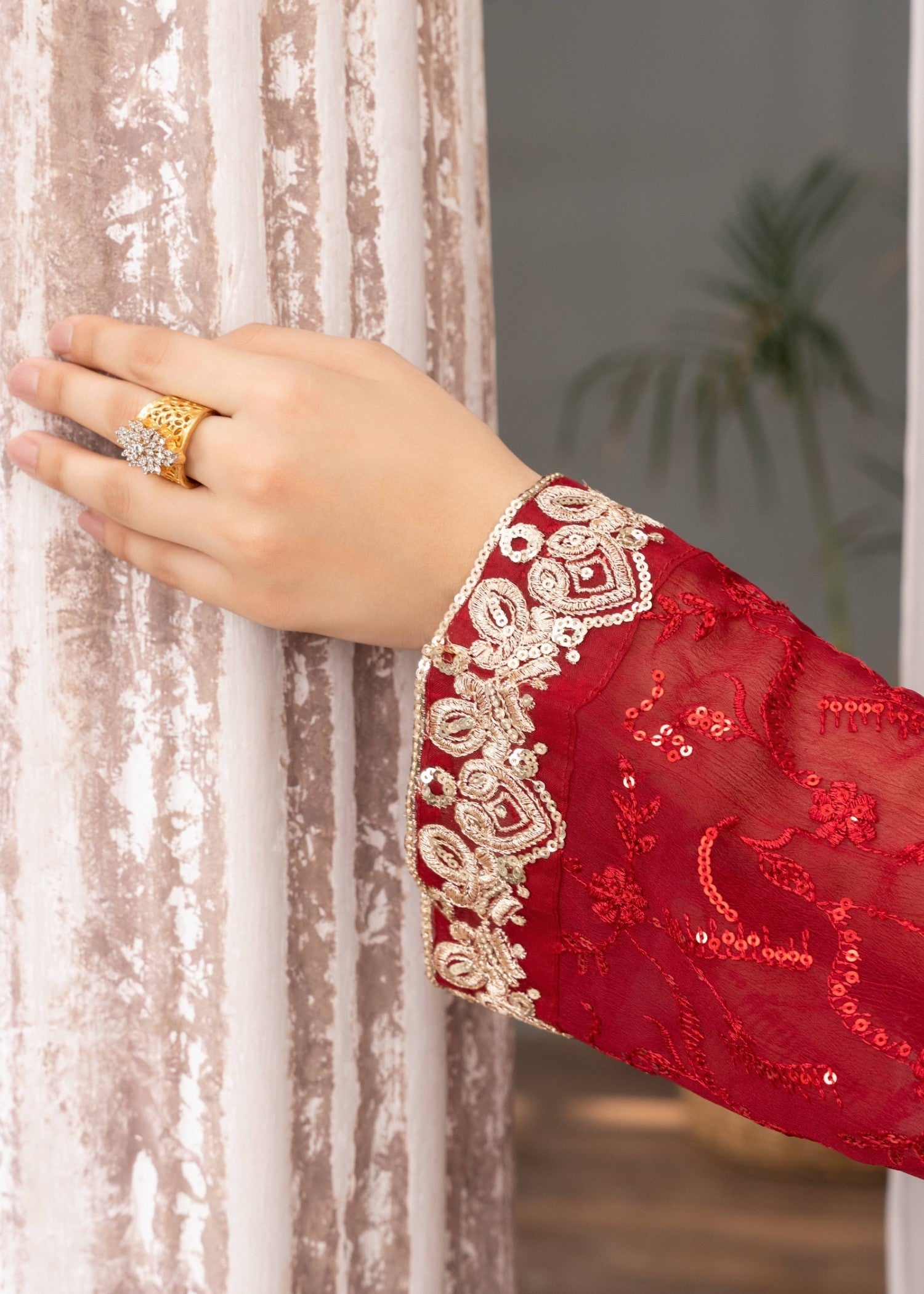 Maroon Sequin Embroidered Chiffon Kurta Set (3-Piece) - Image 6