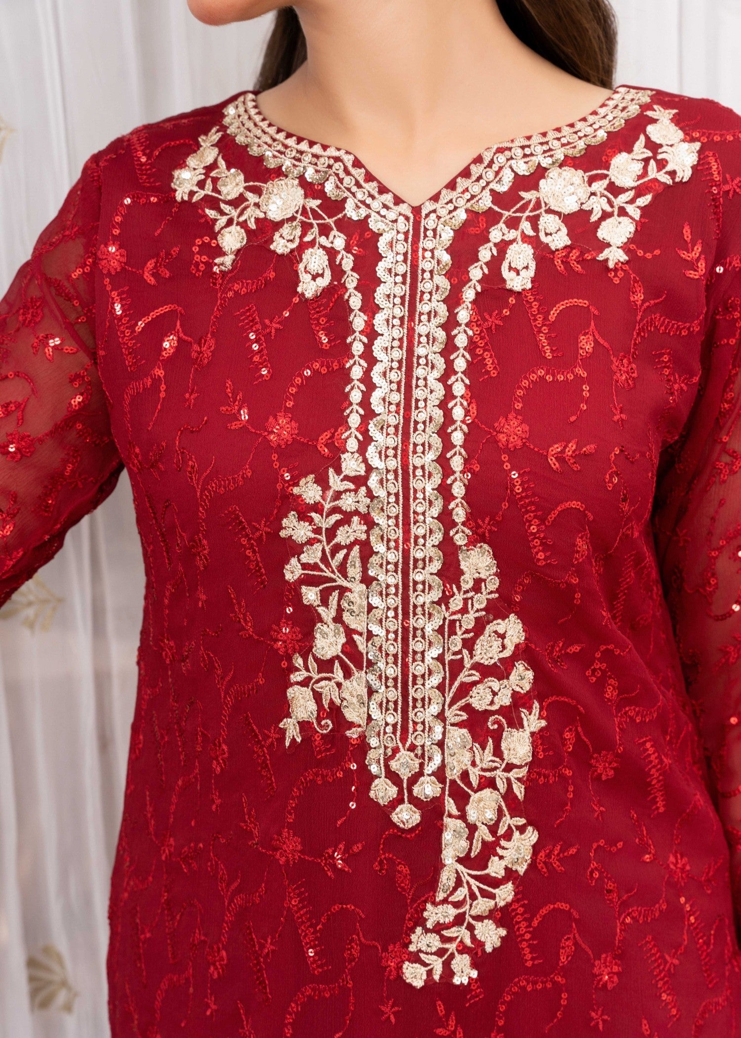 Maroon Sequin Embroidered Chiffon Kurta Set (3-Piece) - Image 7