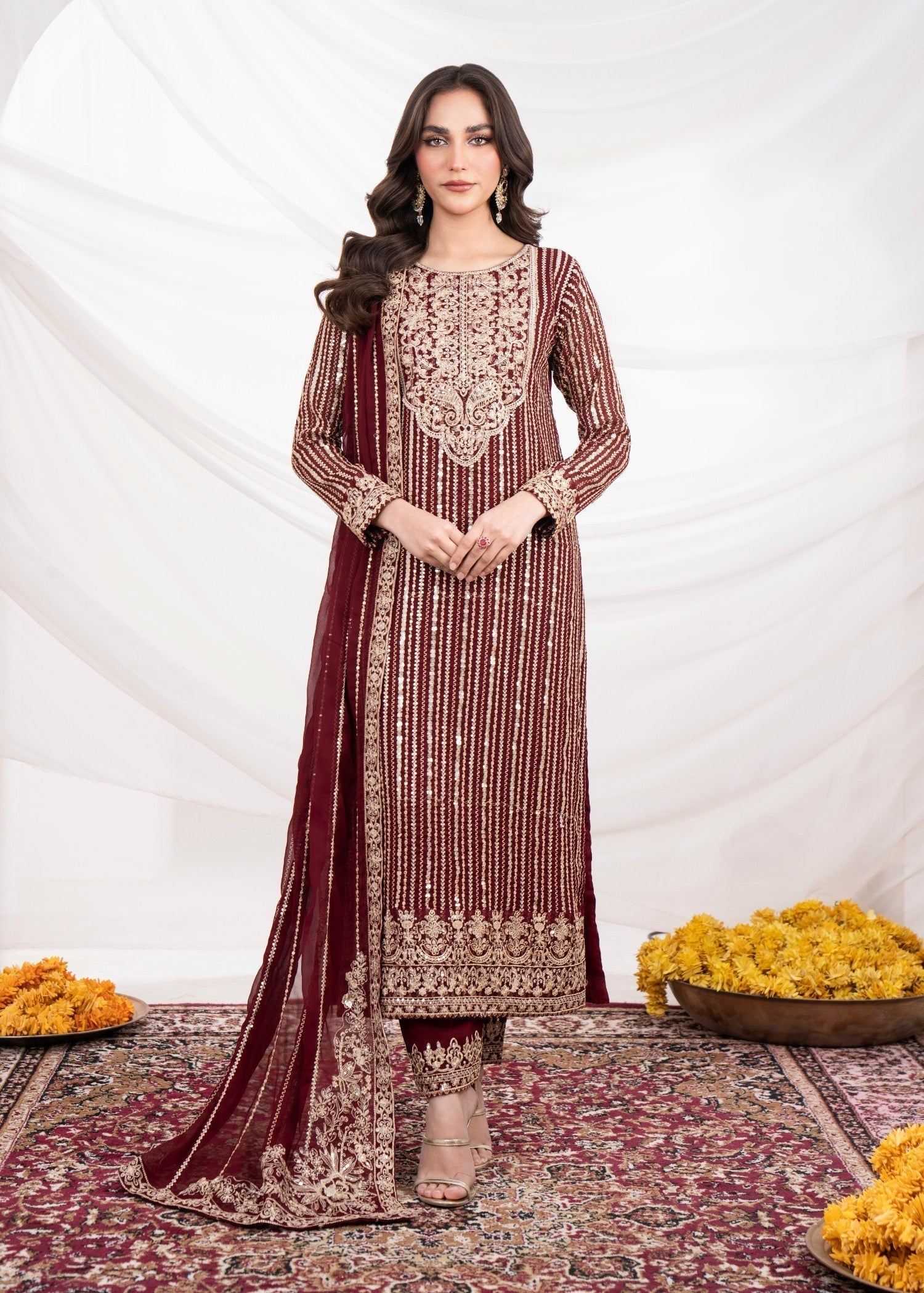Pakistani Maroon Embroidered Chiffon Straight Kurta Set (3-Piece) - Image 1