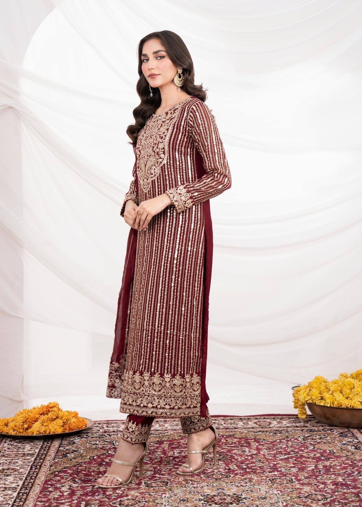 Pakistani Maroon Embroidered Chiffon Straight Kurta Set (3-Piece) - Image 2