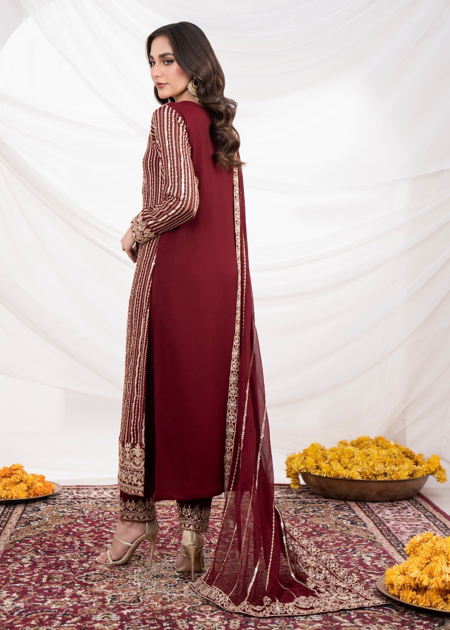 Pakistani Maroon Embroidered Chiffon Straight Kurta Set (3-Piece) - Image 3