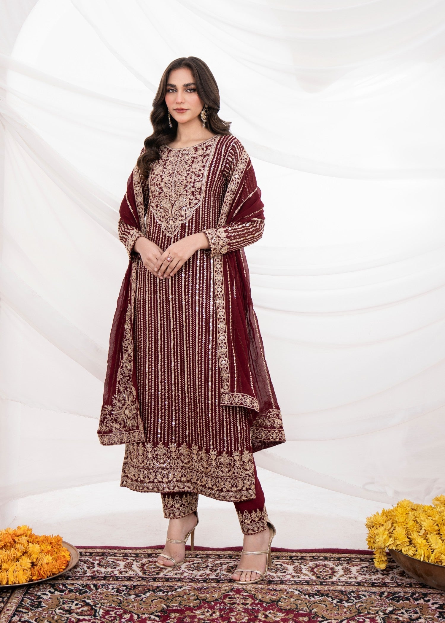 Pakistani Maroon Embroidered Chiffon Straight Kurta Set (3-Piece) - Image 4