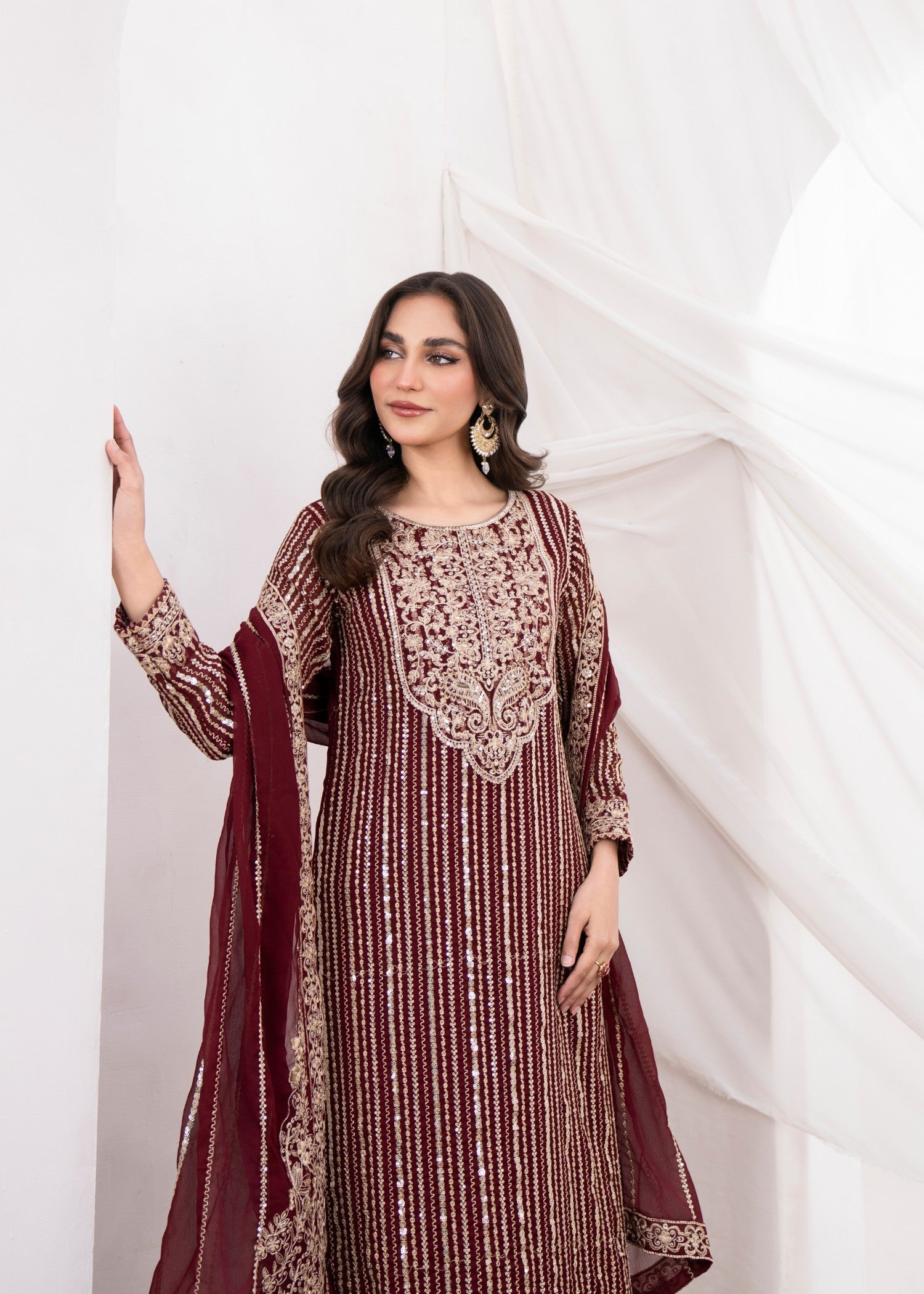 Pakistani Maroon Embroidered Chiffon Straight Kurta Set (3-Piece) - Image 5