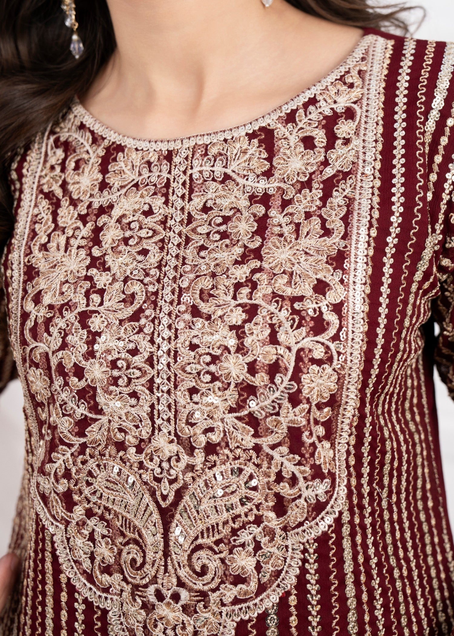 Pakistani Maroon Embroidered Chiffon Straight Kurta Set (3-Piece) - Image 6