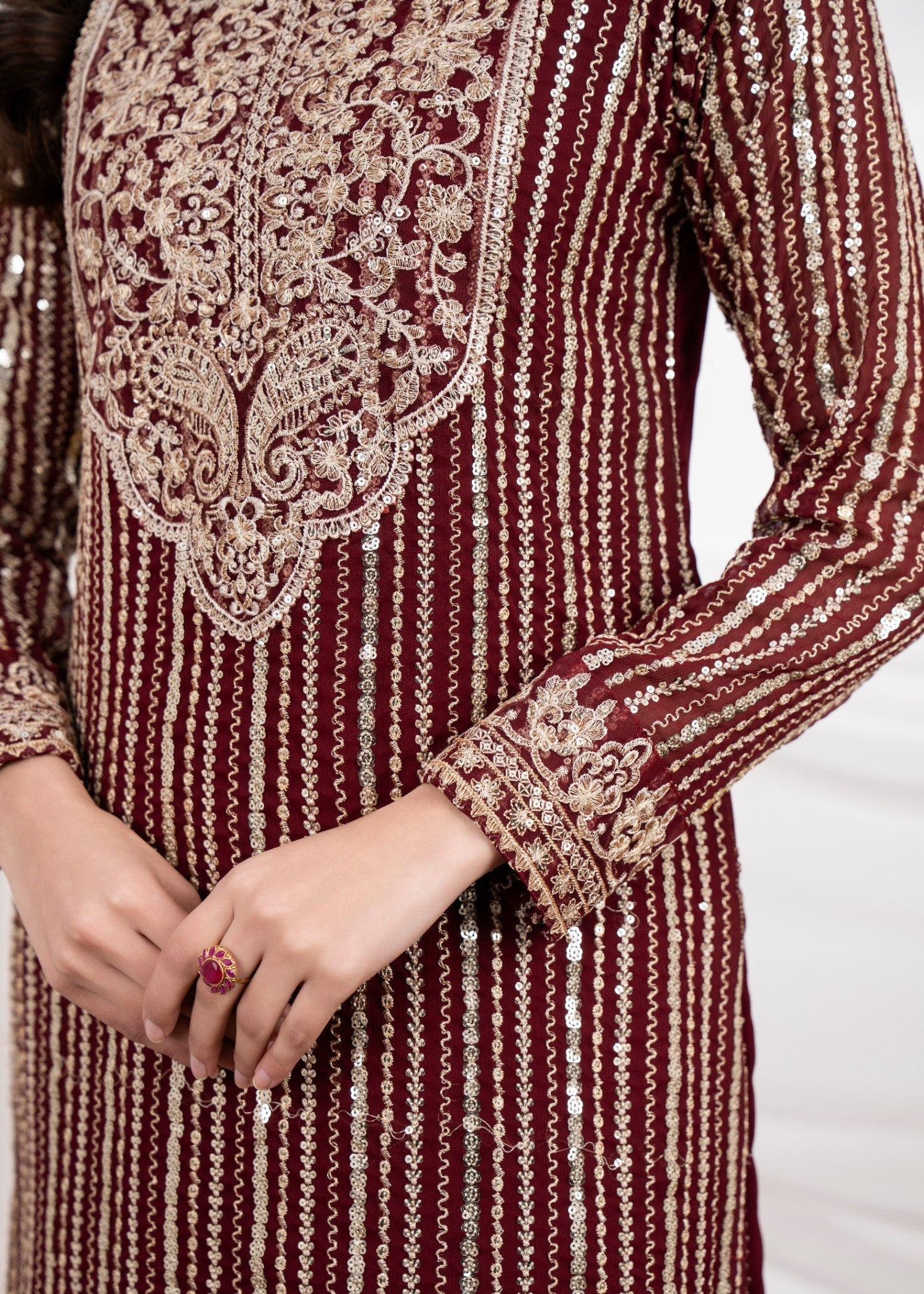 Pakistani Maroon Embroidered Chiffon Straight Kurta Set (3-Piece) - Image 7