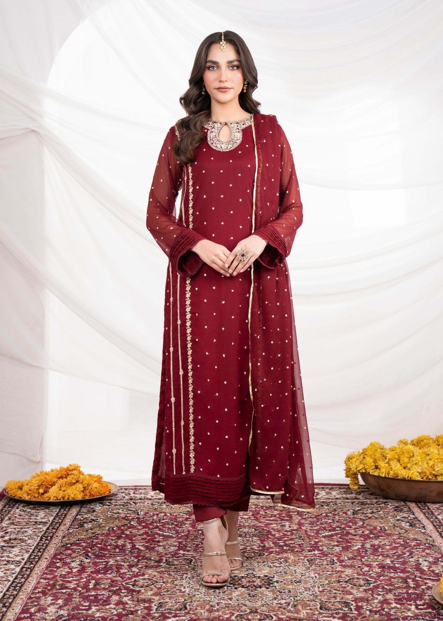 Maroon Embroidered Chiffon Kurta Set (3-Piece) - Image 1