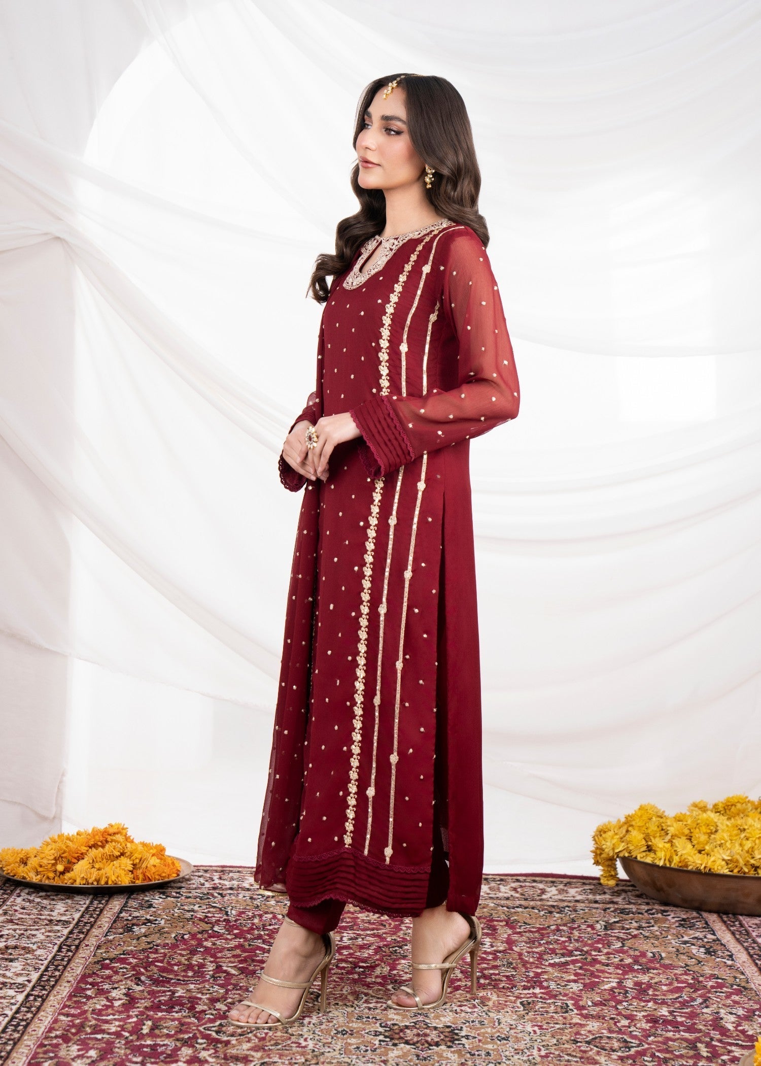 Maroon Embroidered Chiffon Kurta Set (3-Piece) - Image 2