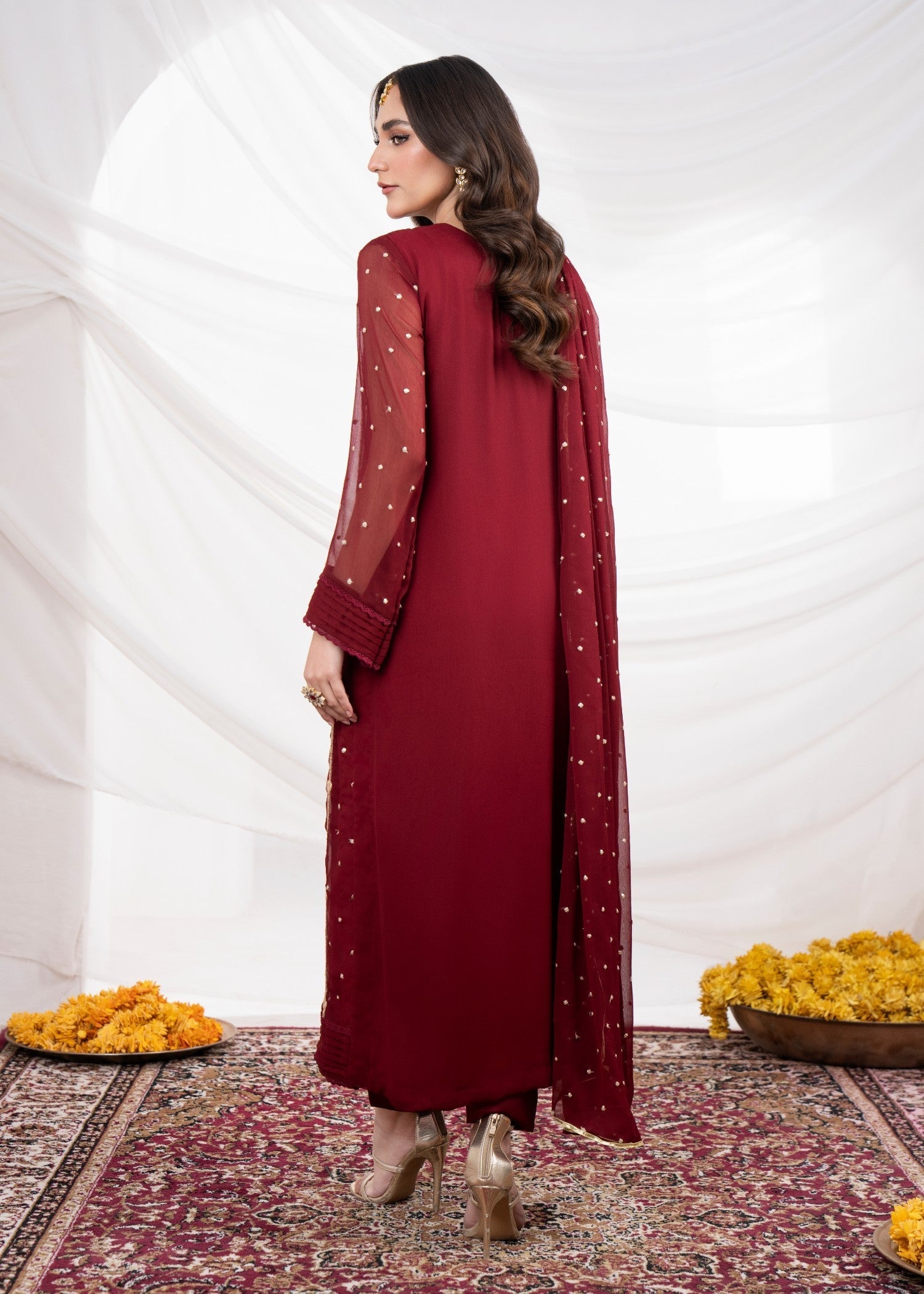 Maroon Embroidered Chiffon Kurta Set (3-Piece) - Image 3