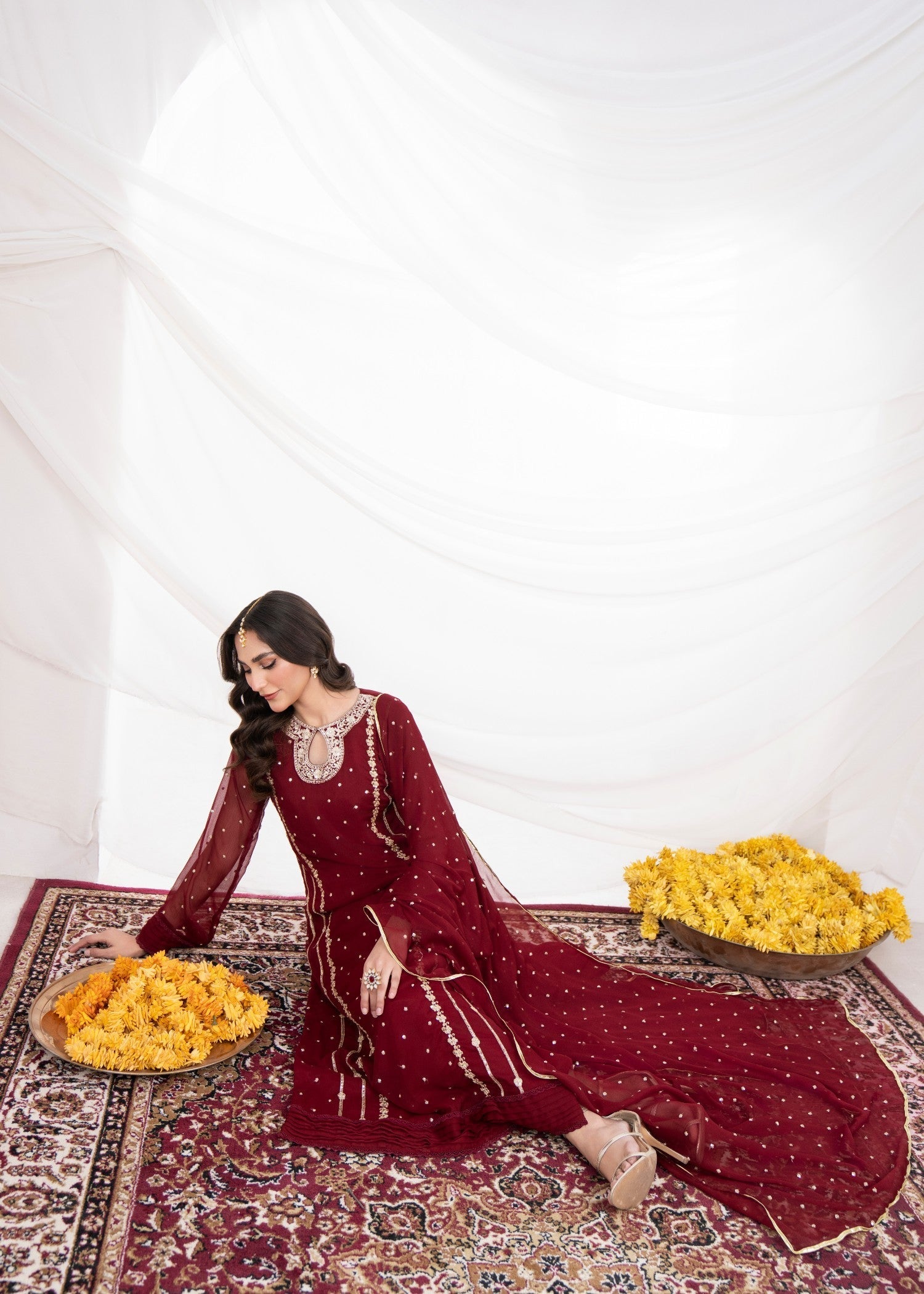 Maroon Embroidered Chiffon Kurta Set (3-Piece) - Image 4