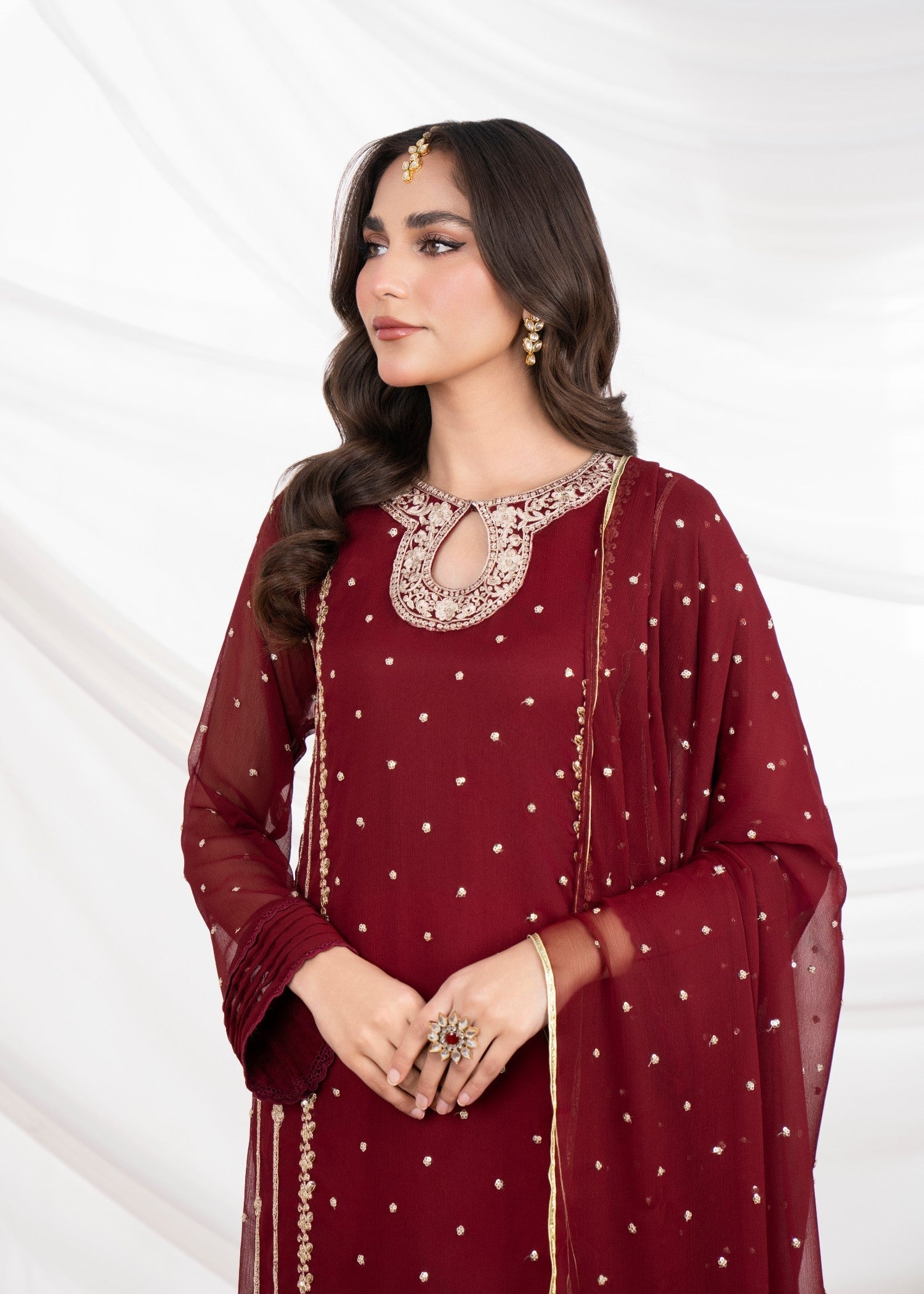 Maroon Embroidered Chiffon Kurta Set (3-Piece) - Image 5