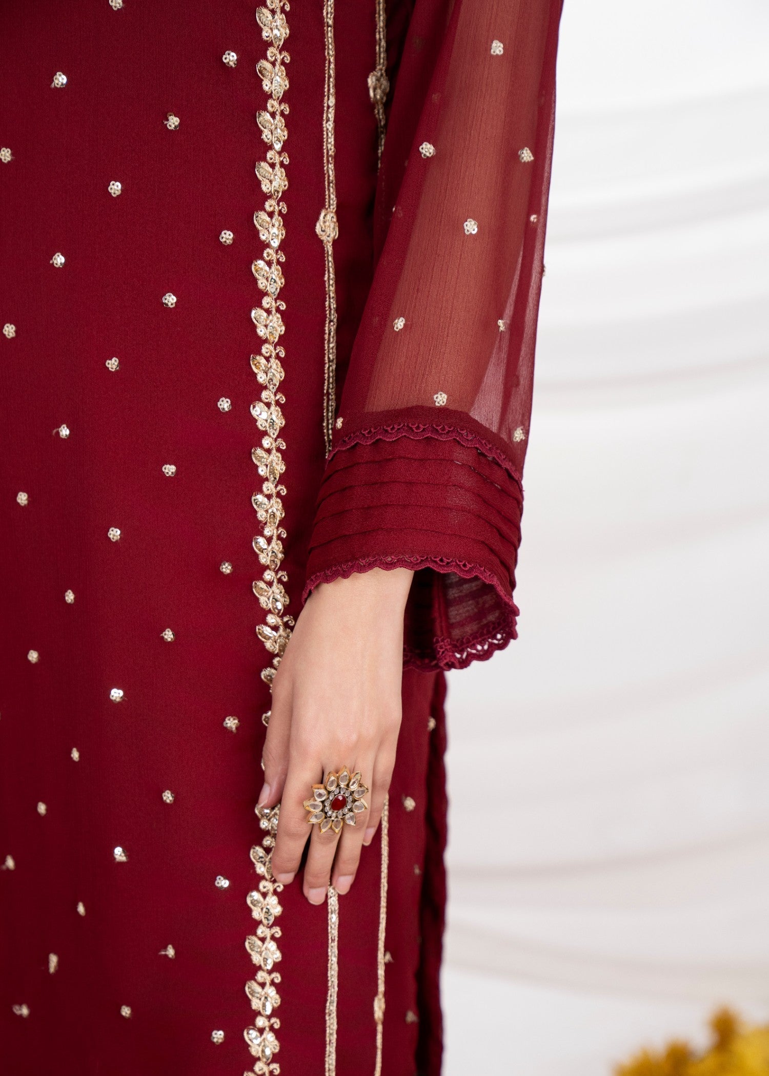 Maroon Embroidered Chiffon Kurta Set (3-Piece) - Image 7