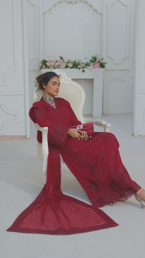 Maroon Embroidered Pure Chiffon Salwar Kameez (3-Piece) - Image 2