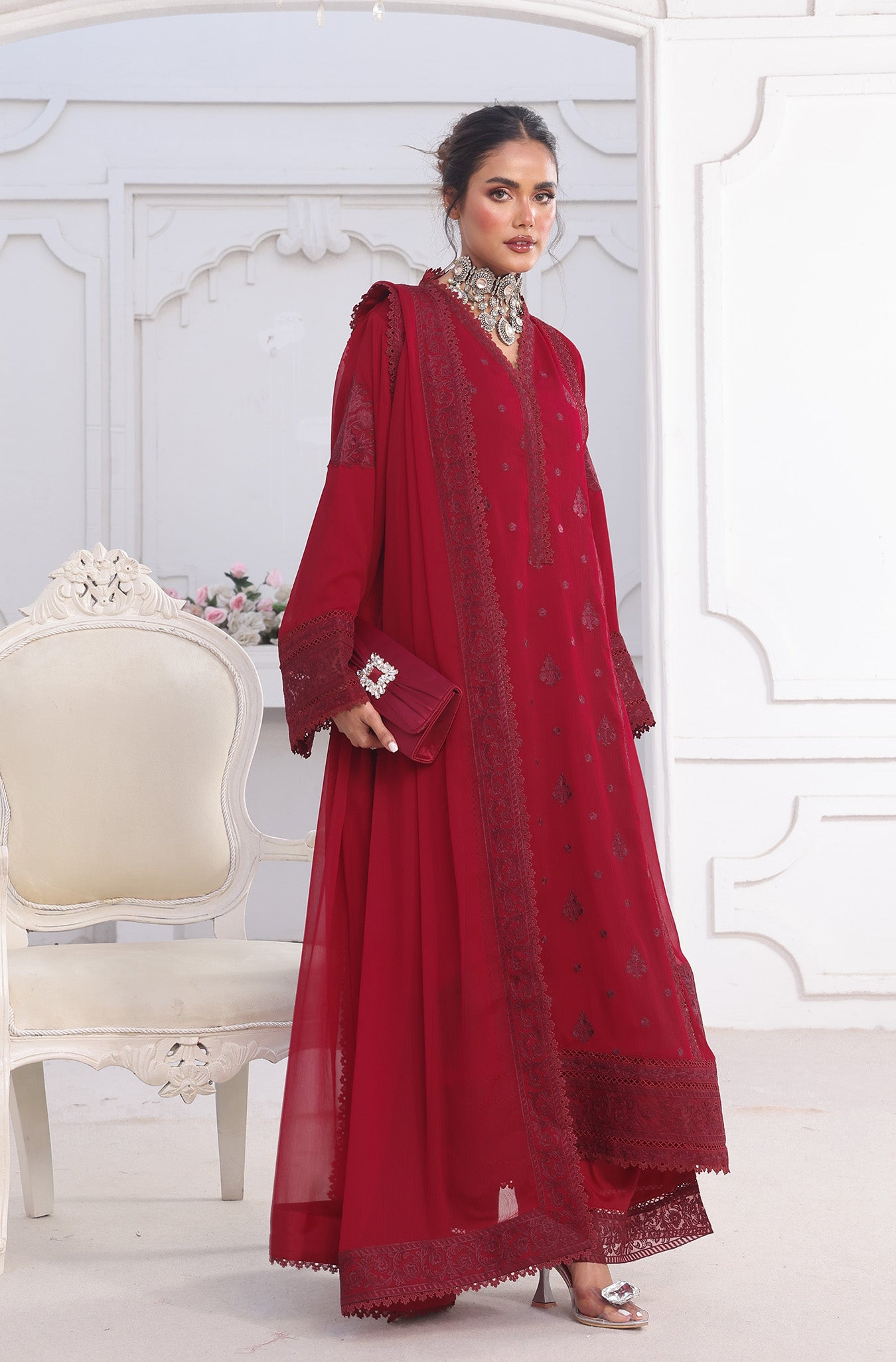 Maroon Embroidered Pure Chiffon Salwar Kameez (3-Piece) - Image 3