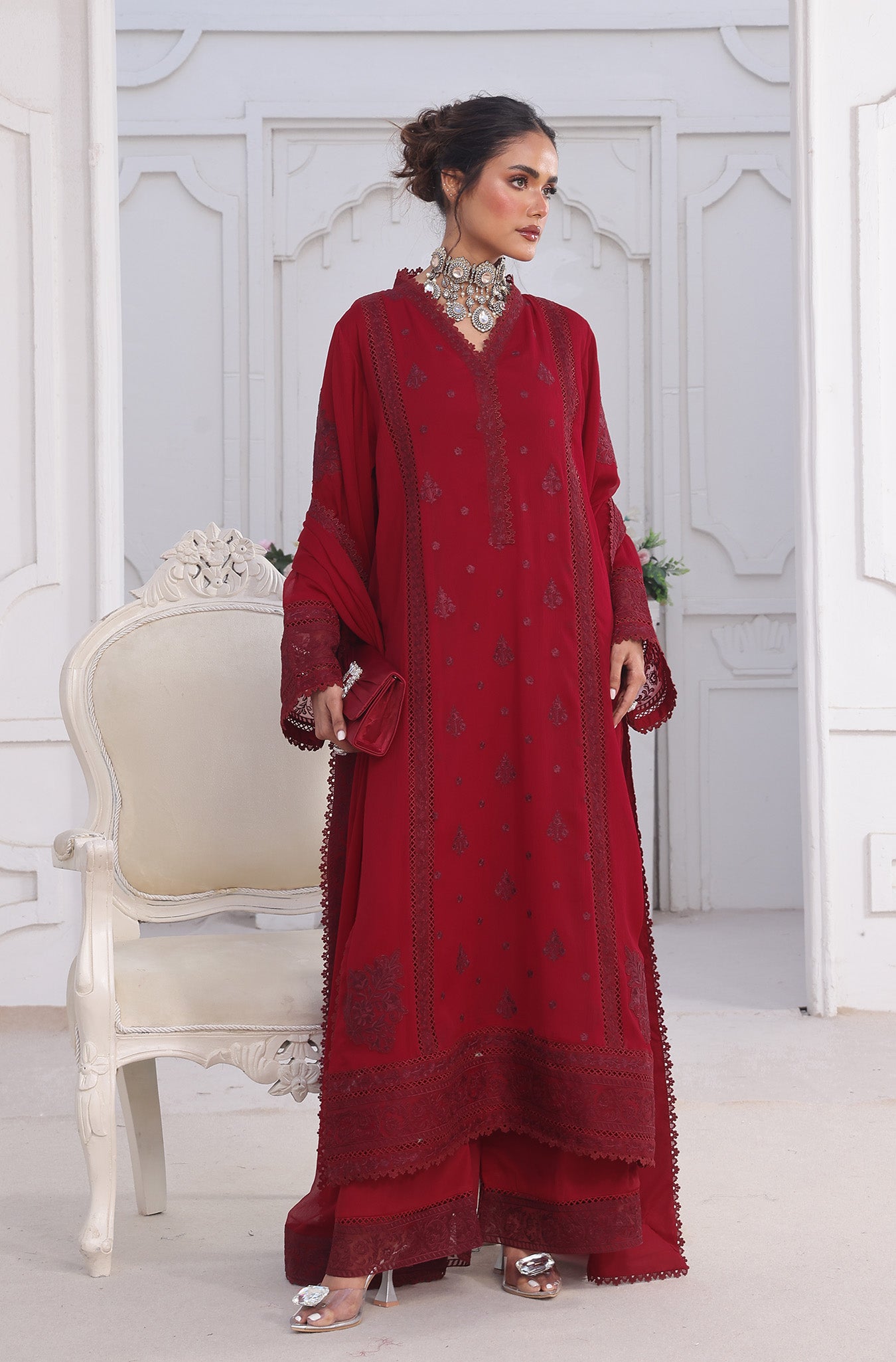 Maroon Embroidered Pure Chiffon Salwar Kameez (3-Piece) - Image 4