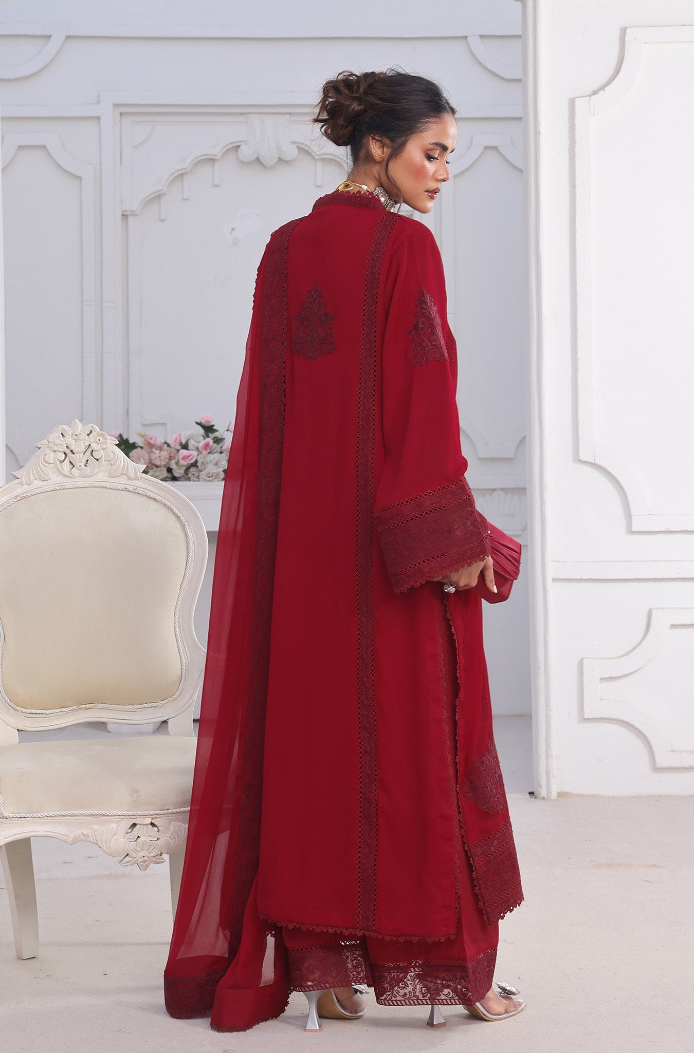 Maroon Embroidered Pure Chiffon Salwar Kameez (3-Piece) - Image 5