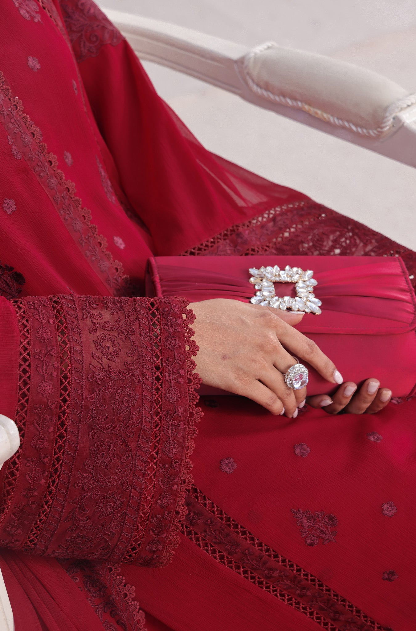 Maroon Embroidered Pure Chiffon Salwar Kameez (3-Piece) - Image 6