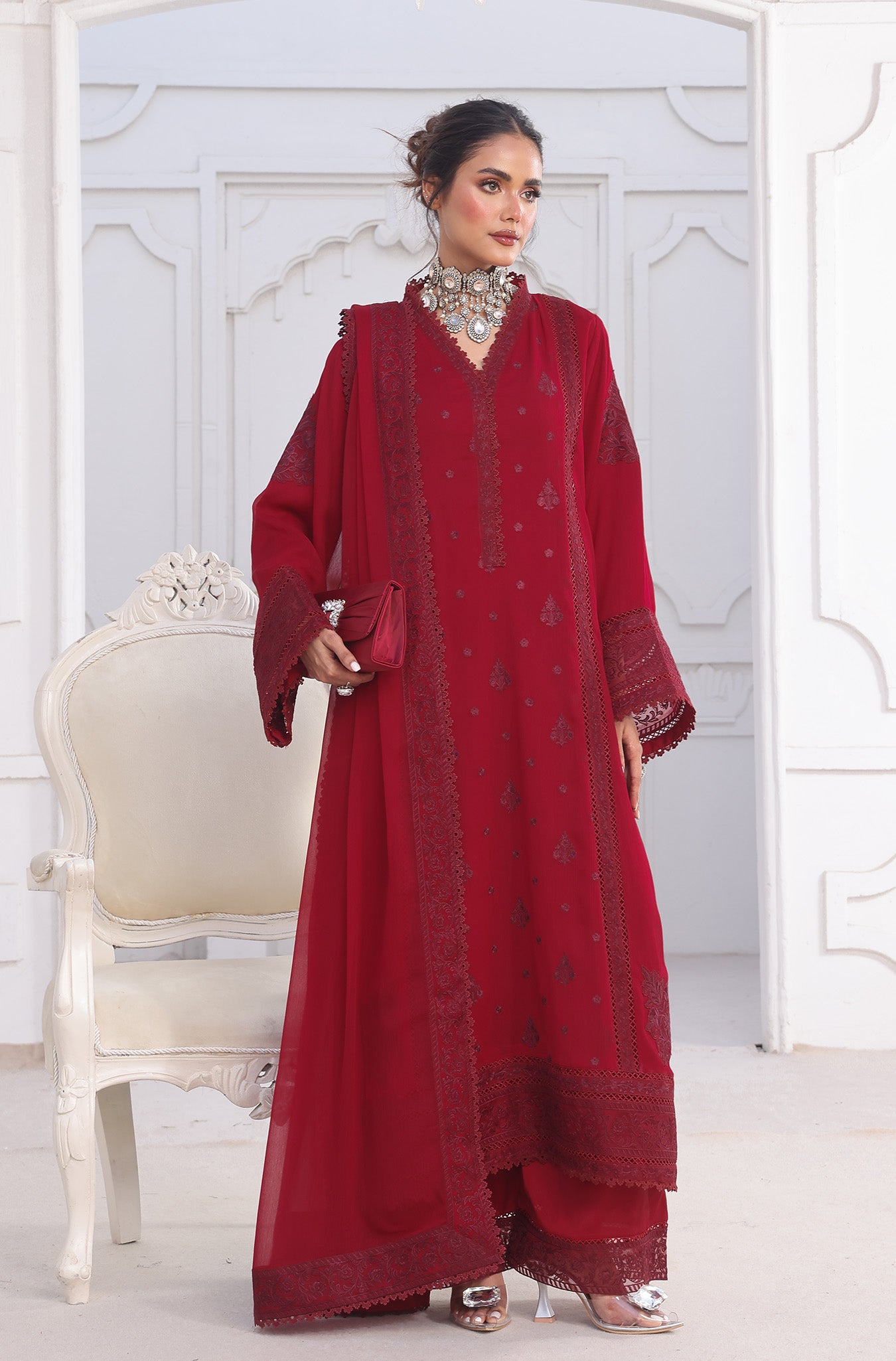 Maroon Embroidered Pure Chiffon Salwar Kameez (3-Piece) - Image 7