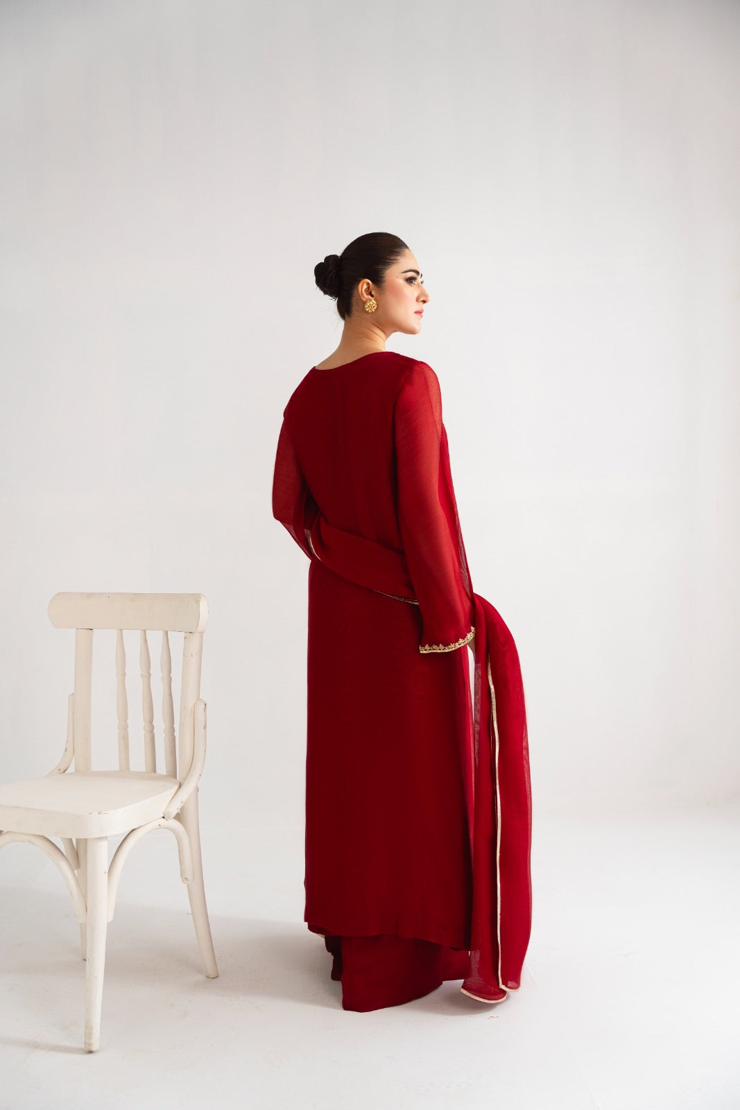 Pakistani Maroon Golden Embroidered Cotton Net Salwar Kameez (3-Piece) - Image 2