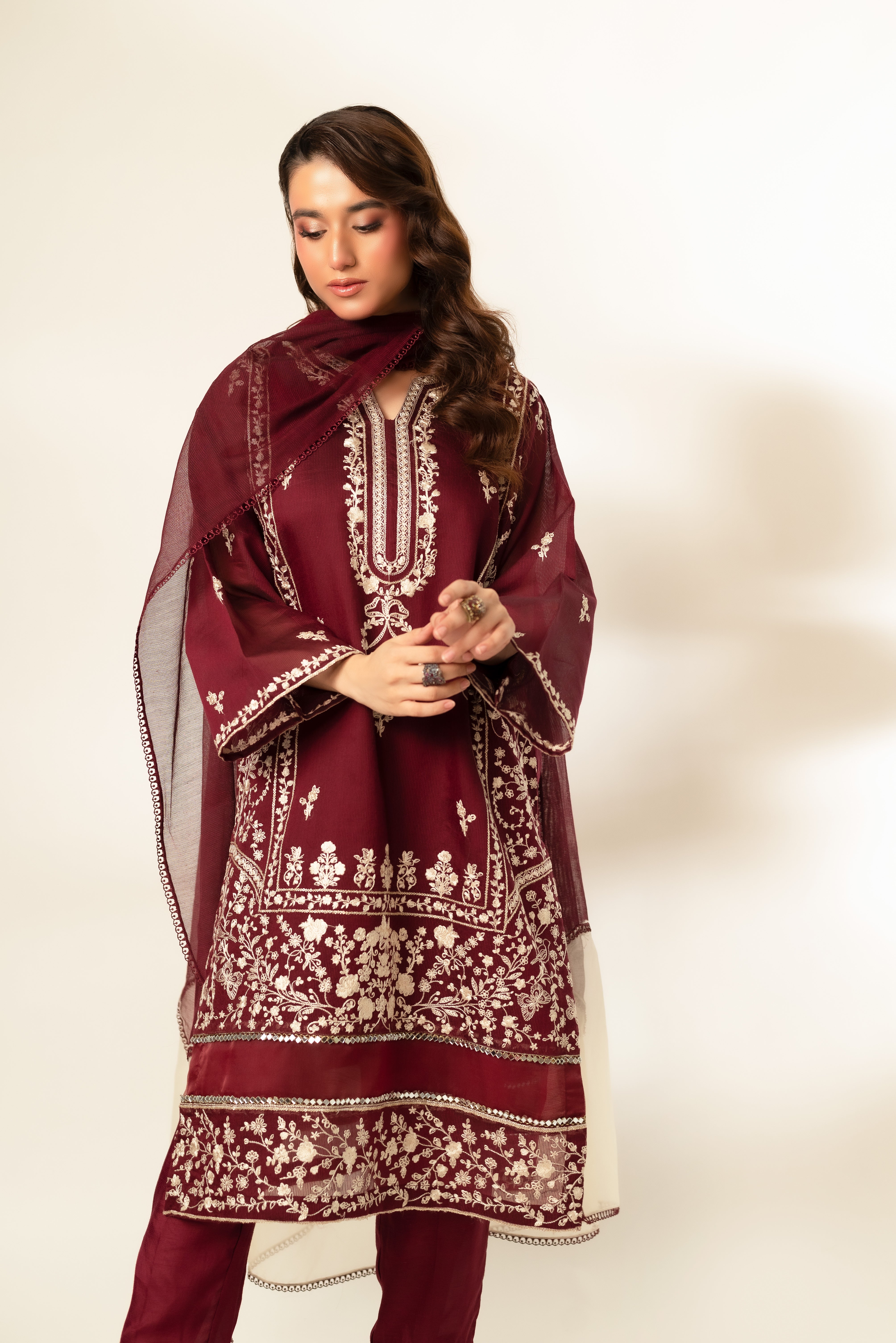 Maroon Embroidered Cotton Net Salwar Kameez (3-Piece) - Image 1