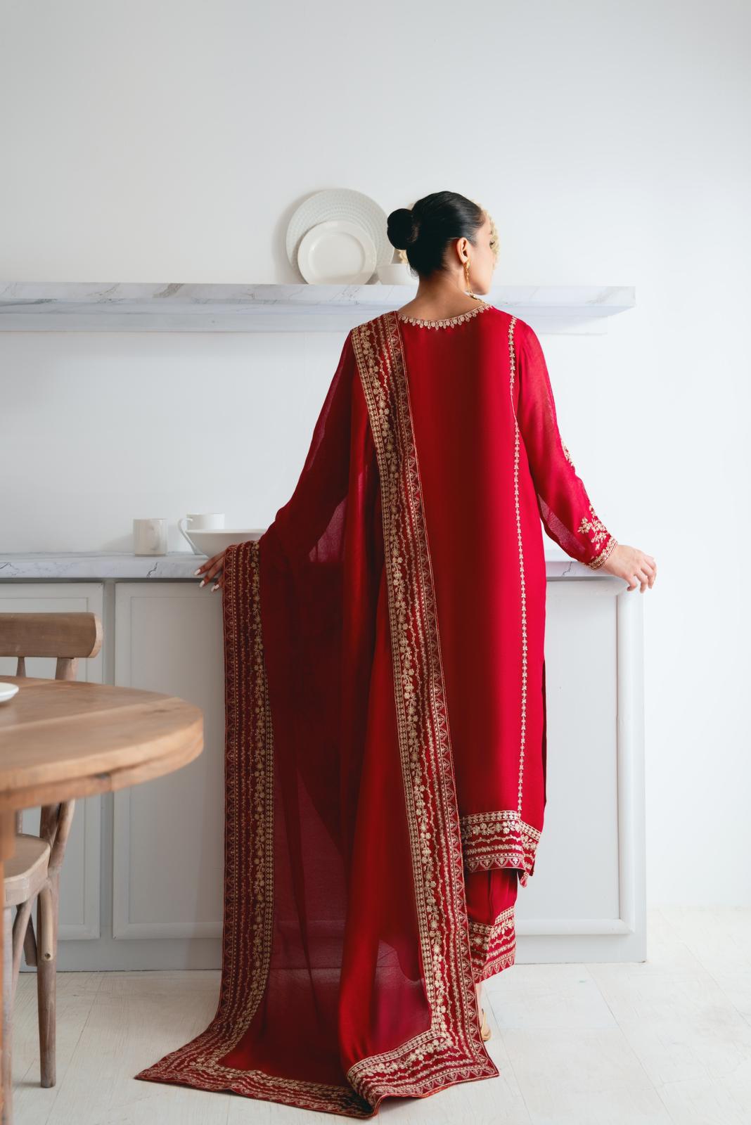 Pakistani Maroon Zari Sequin Cotton Net Salwar Kameez (3-Piece) - Image 2