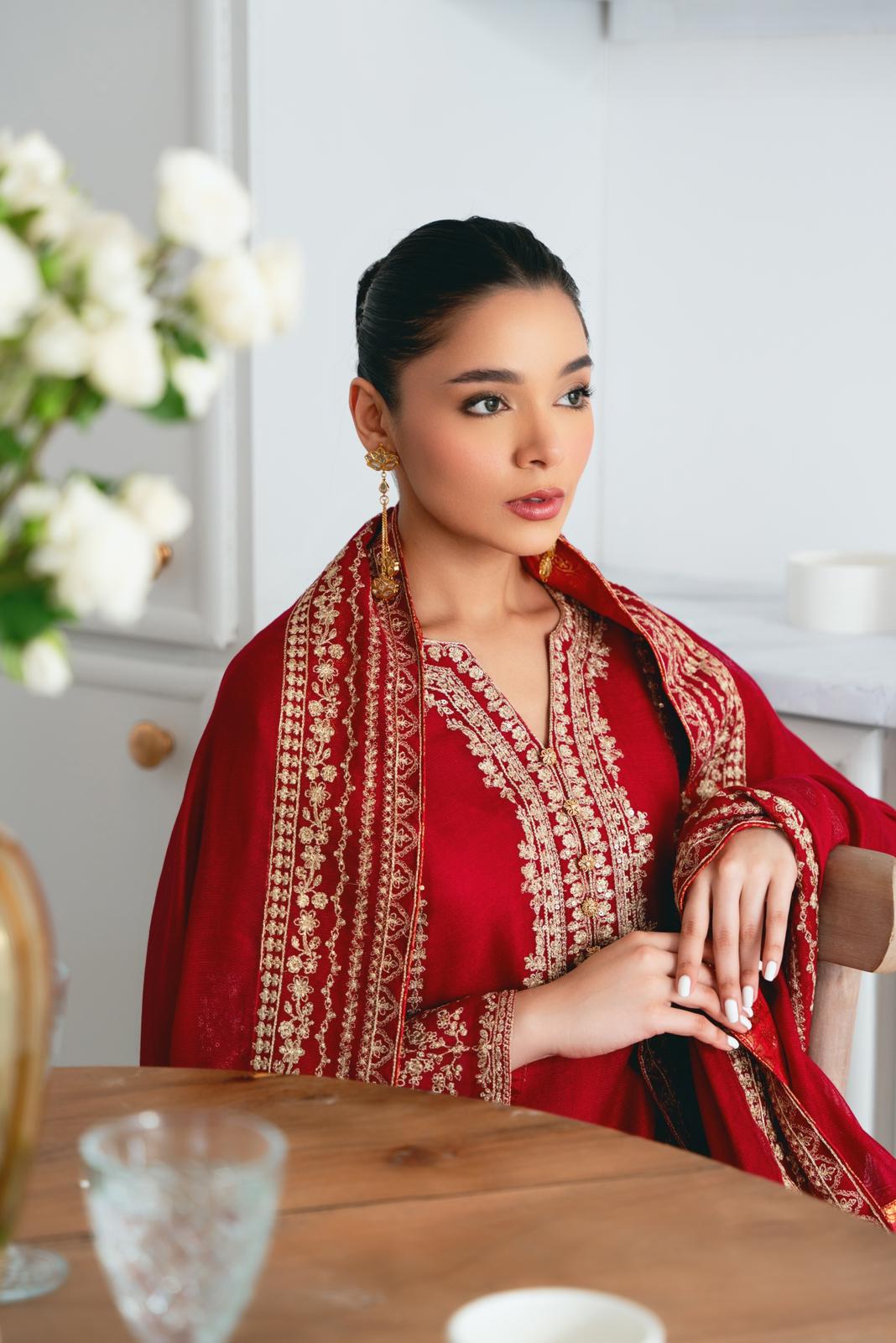 Pakistani Maroon Zari Sequin Cotton Net Salwar Kameez (3-Piece) - Image 4