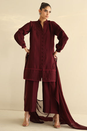 Pakistani Burgundy 3D Floral Cotton Silk Salwar Kameez (3-Piece) - Image 2