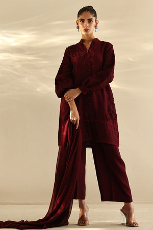 Pakistani Burgundy 3D Floral Cotton Silk Salwar Kameez (3-Piece) - Image 3