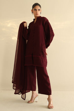 Pakistani Burgundy 3D Floral Cotton Silk Salwar Kameez (3-Piece) - Image 4