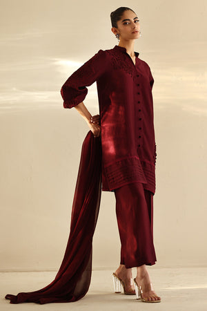 Pakistani Burgundy 3D Floral Cotton Silk Salwar Kameez (3-Piece) - Image 5