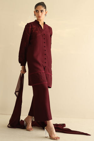 Pakistani Burgundy 3D Floral Cotton Silk Salwar Kameez (3-Piece) - Image 6