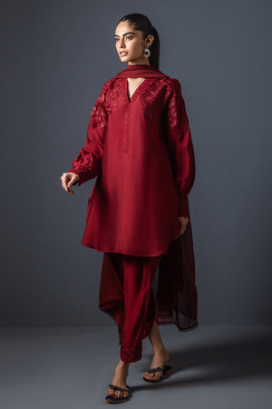 Maroon Floral Embroidered Cotton Silk Salwar Kameez (3-Piece) - Image 1